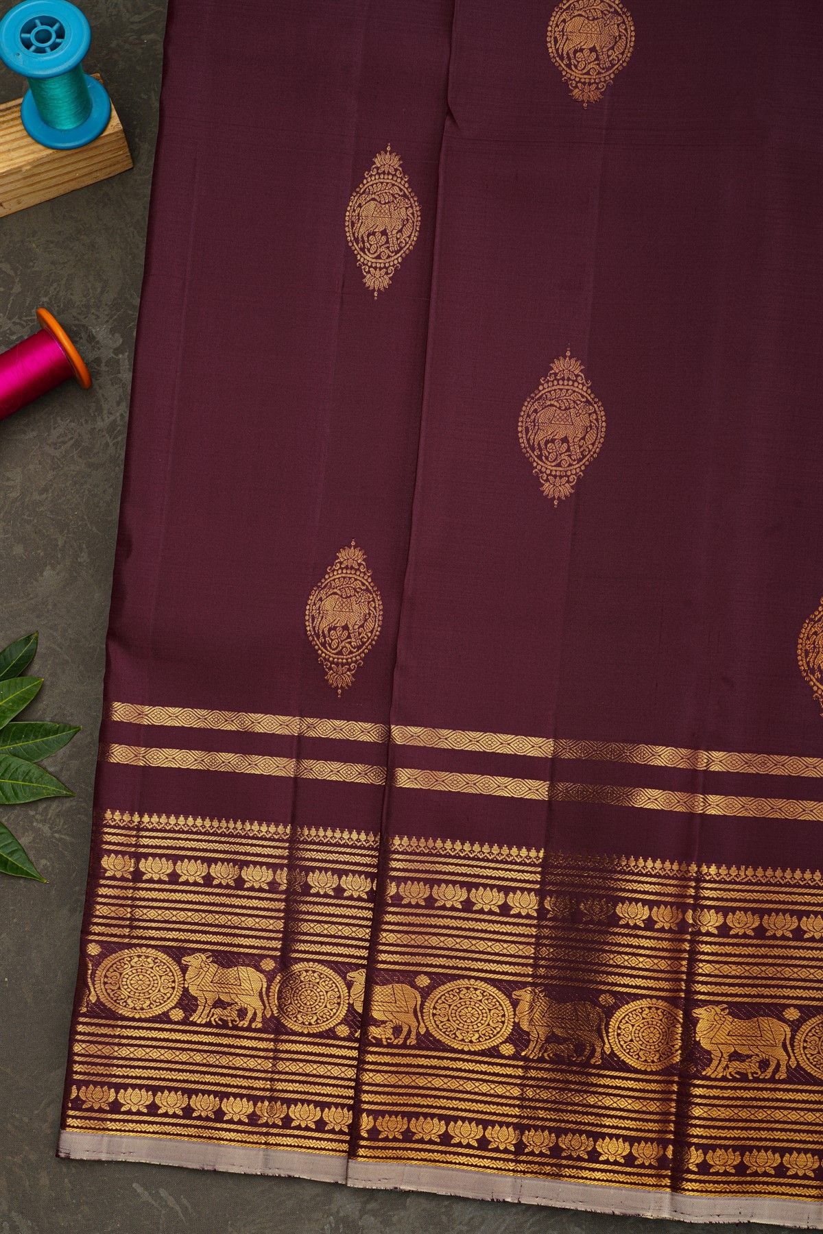 Kancheepuram Silk Dark Wine Saree With Florals And Pichwai Cows Border