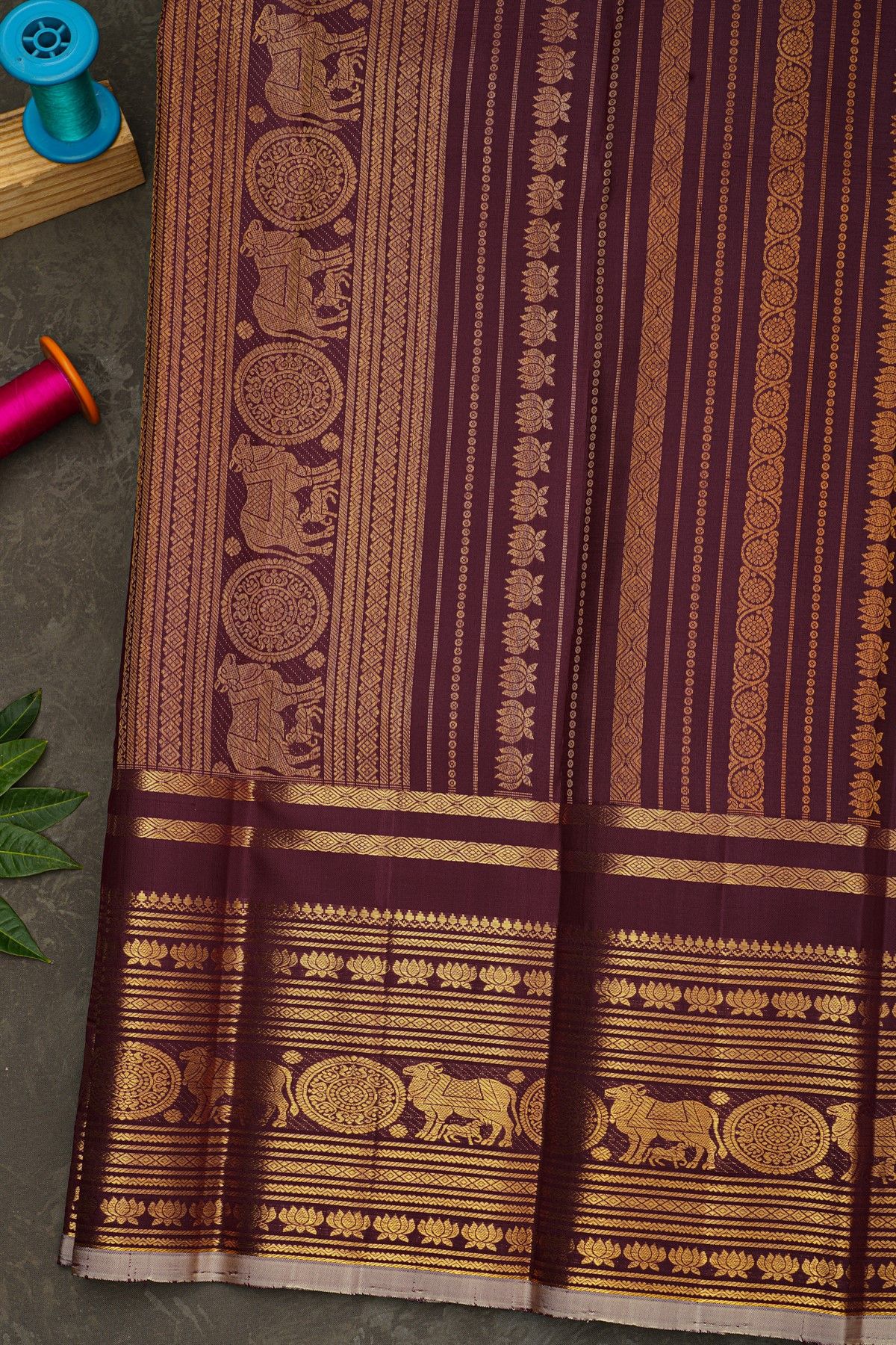 Kancheepuram Silk Dark Wine Saree With Florals And Pichwai Cows Border