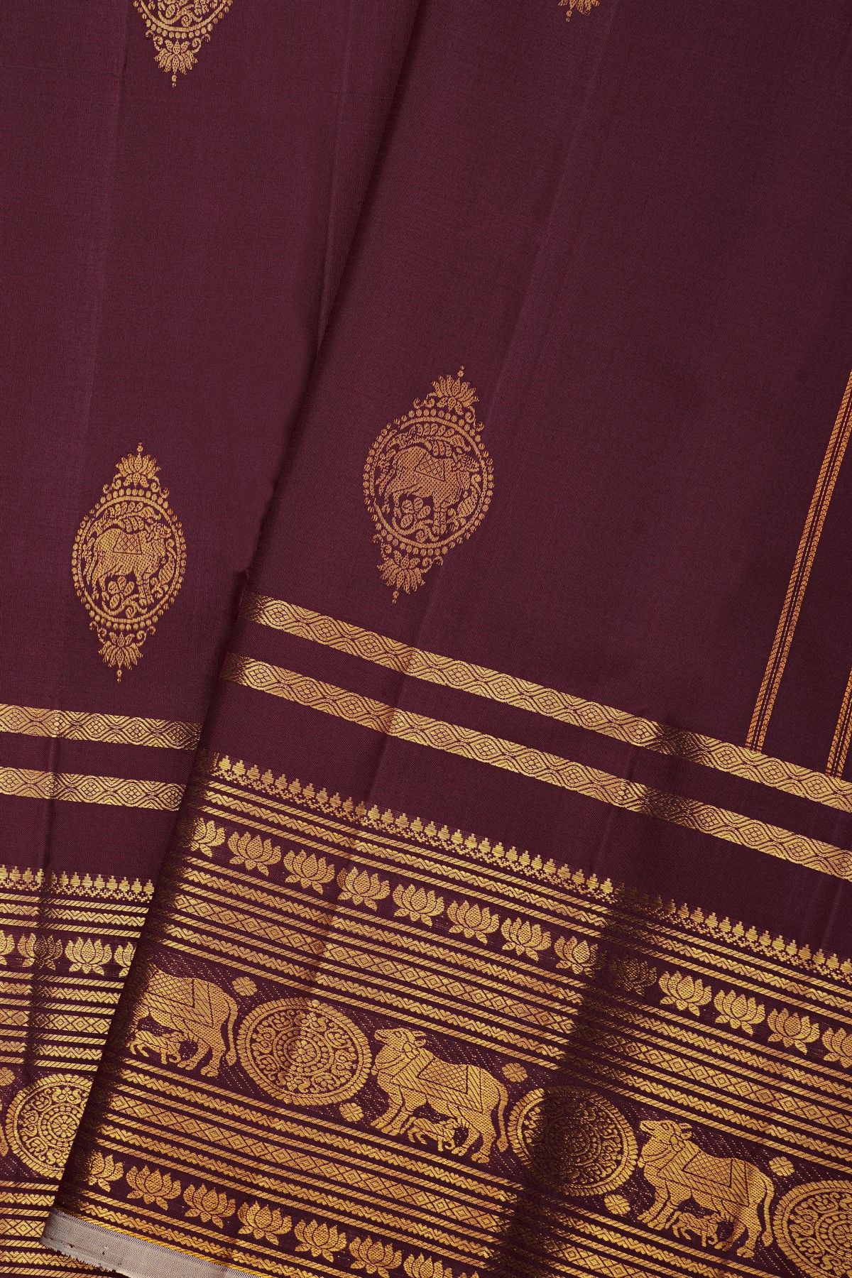 Kancheepuram Silk Dark Wine Saree With Florals And Pichwai Cows Border