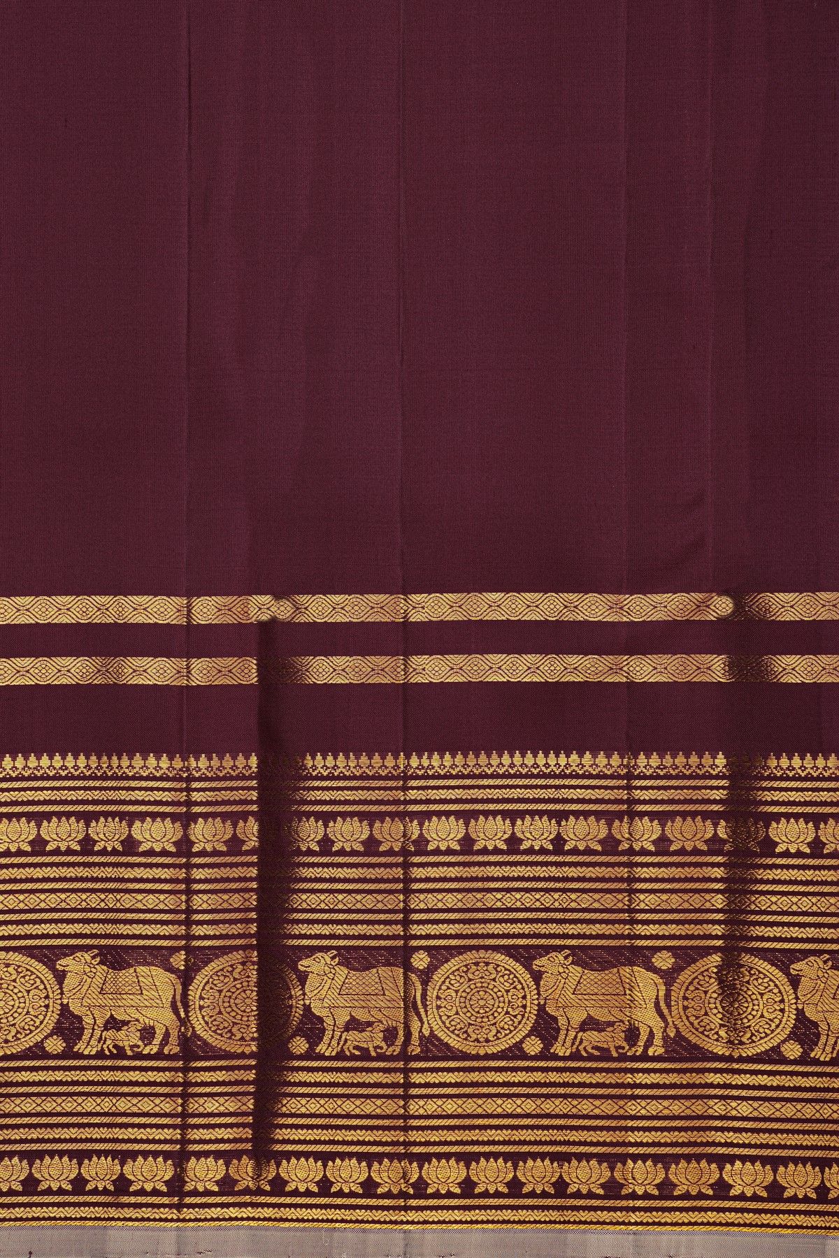 Kancheepuram Silk Dark Wine Saree With Florals And Pichwai Cows Border