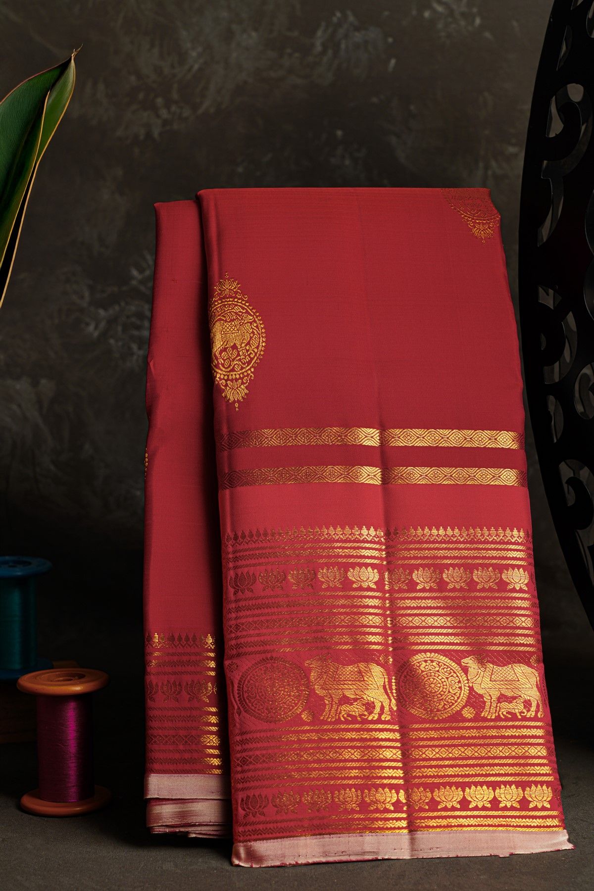 Kancheepuram Silk Red Saree With Florals And Pichwai Cows Border