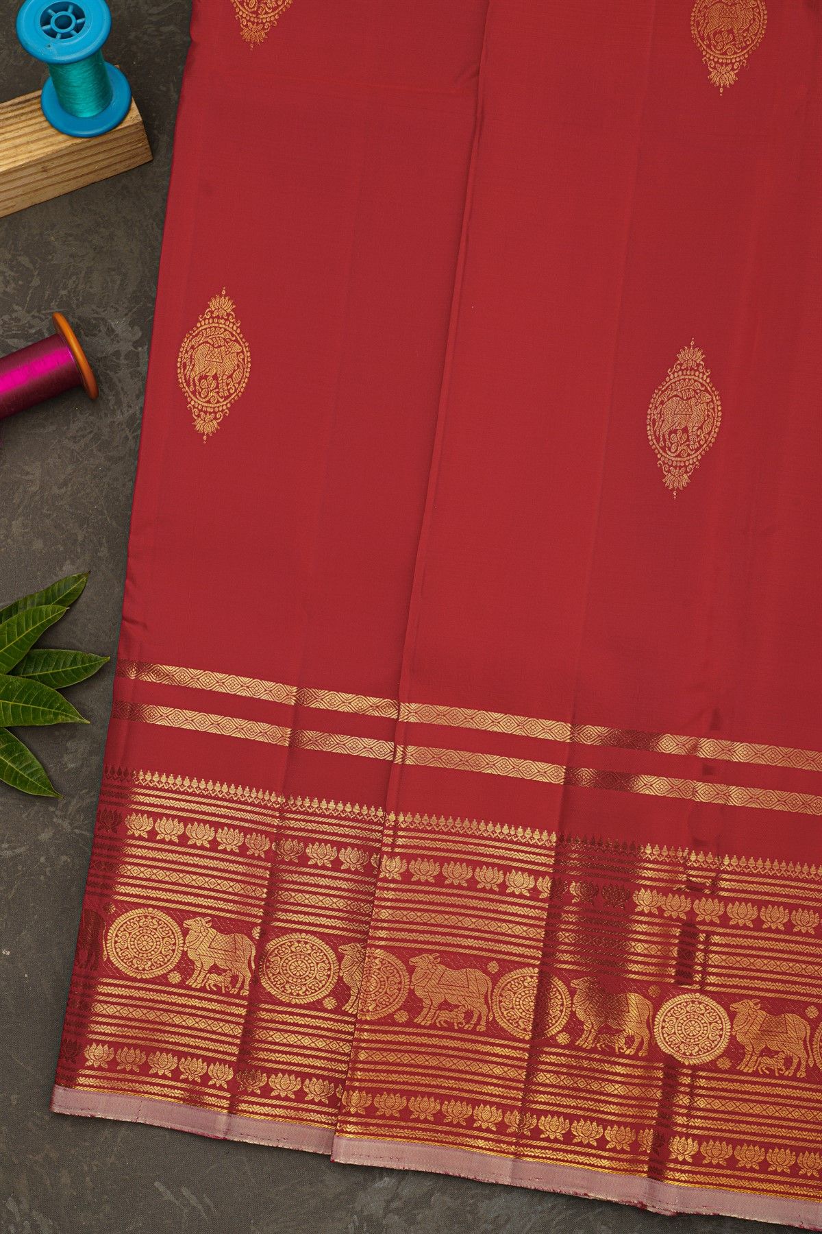 Kancheepuram Silk Red Saree With Florals And Pichwai Cows Border