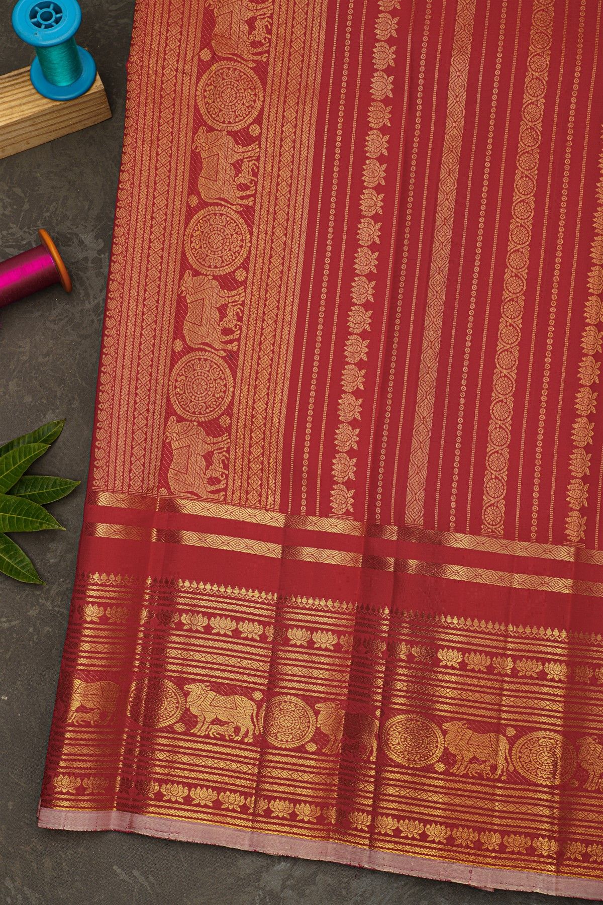 Kancheepuram Silk Red Saree With Florals And Pichwai Cows Border