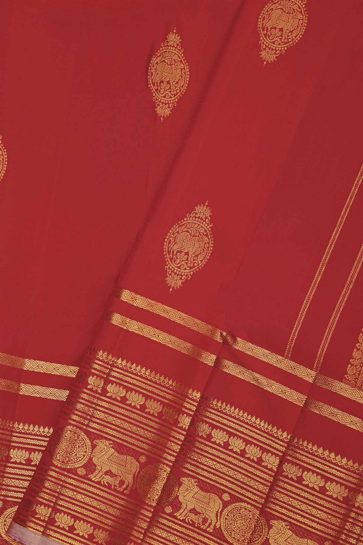 Kancheepuram Silk Red Saree With Florals And Pichwai Cows Border
