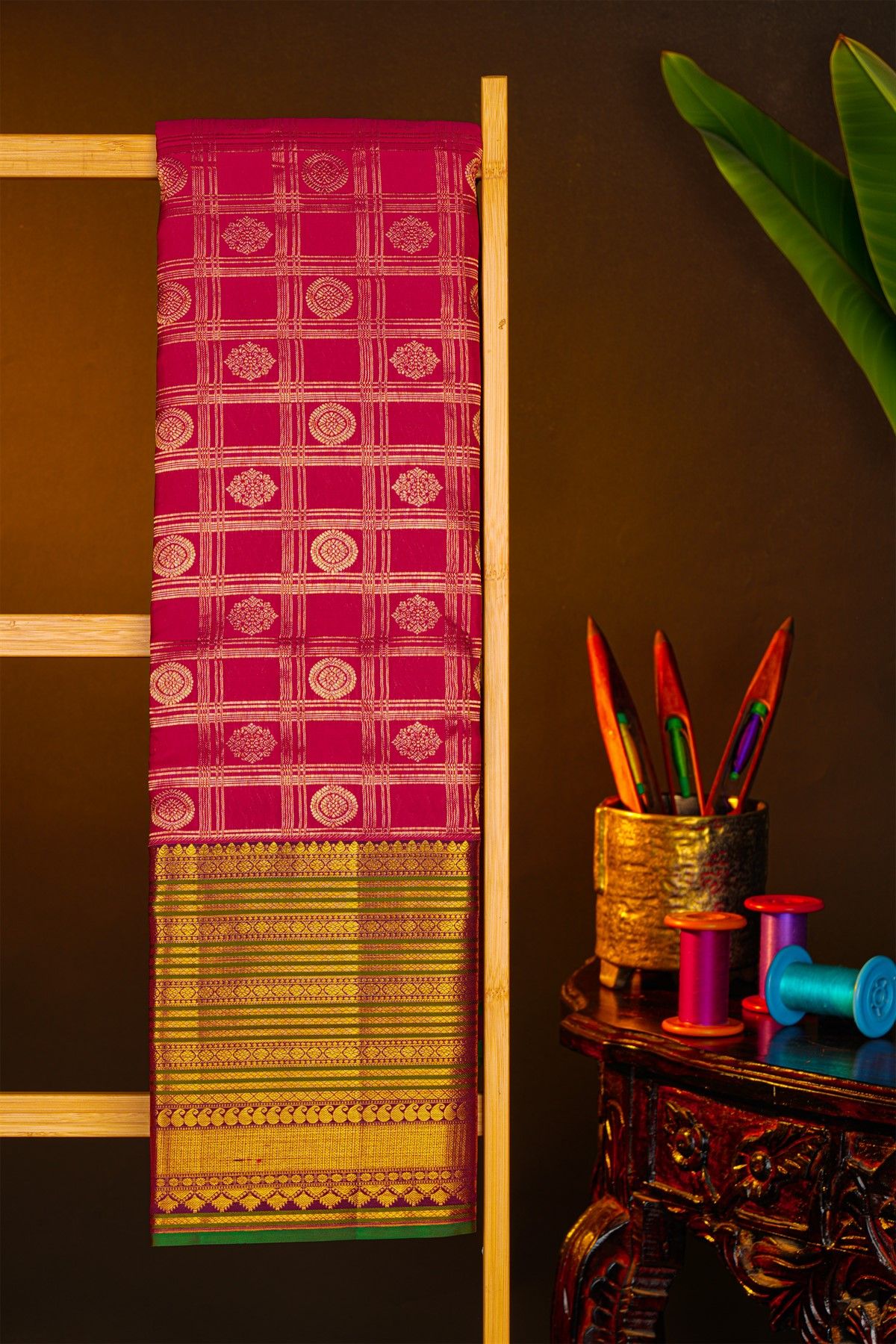 Kancheepuram Silk Pink Saree With Floral Buttis In Zari Checks Body