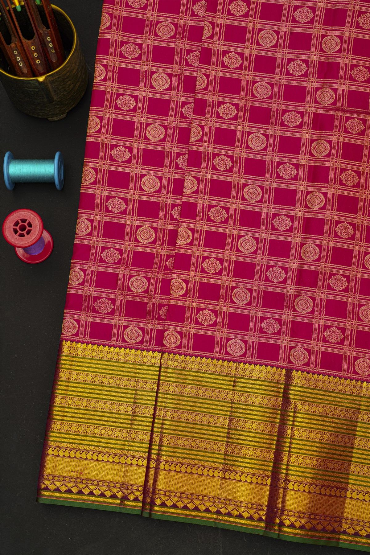 Kancheepuram Silk Pink Saree With Floral Buttis In Zari Checks Body