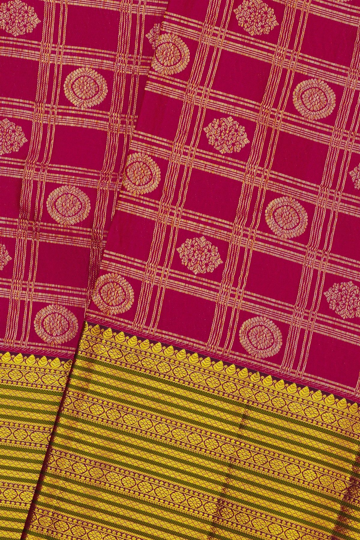 Kancheepuram Silk Pink Saree With Floral Buttis In Zari Checks Body