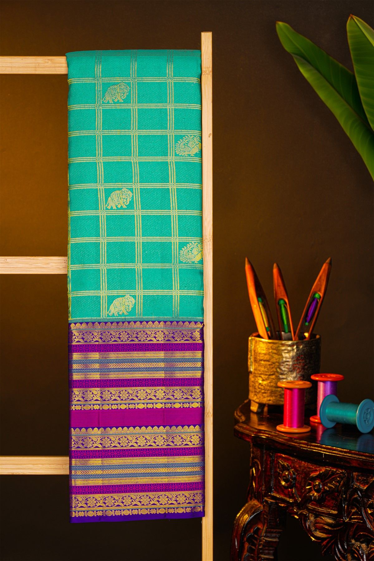 Kancheepuram Silk Sea Green Saree With Peacocks And Elephants Checks Body And Zari Thread Border
