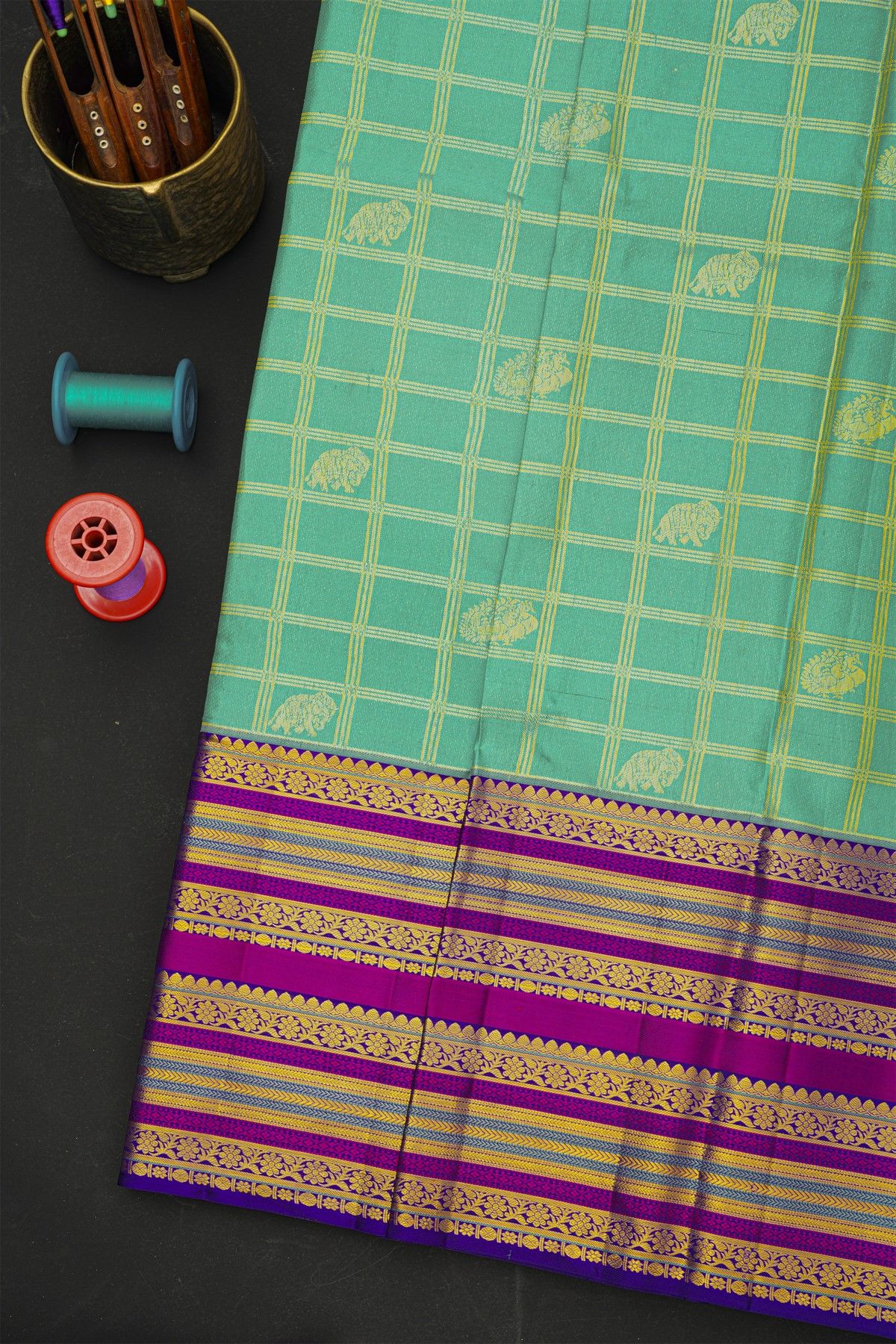 Kancheepuram Silk Sea Green Saree With Peacocks And Elephants Checks Body And Zari Thread Border