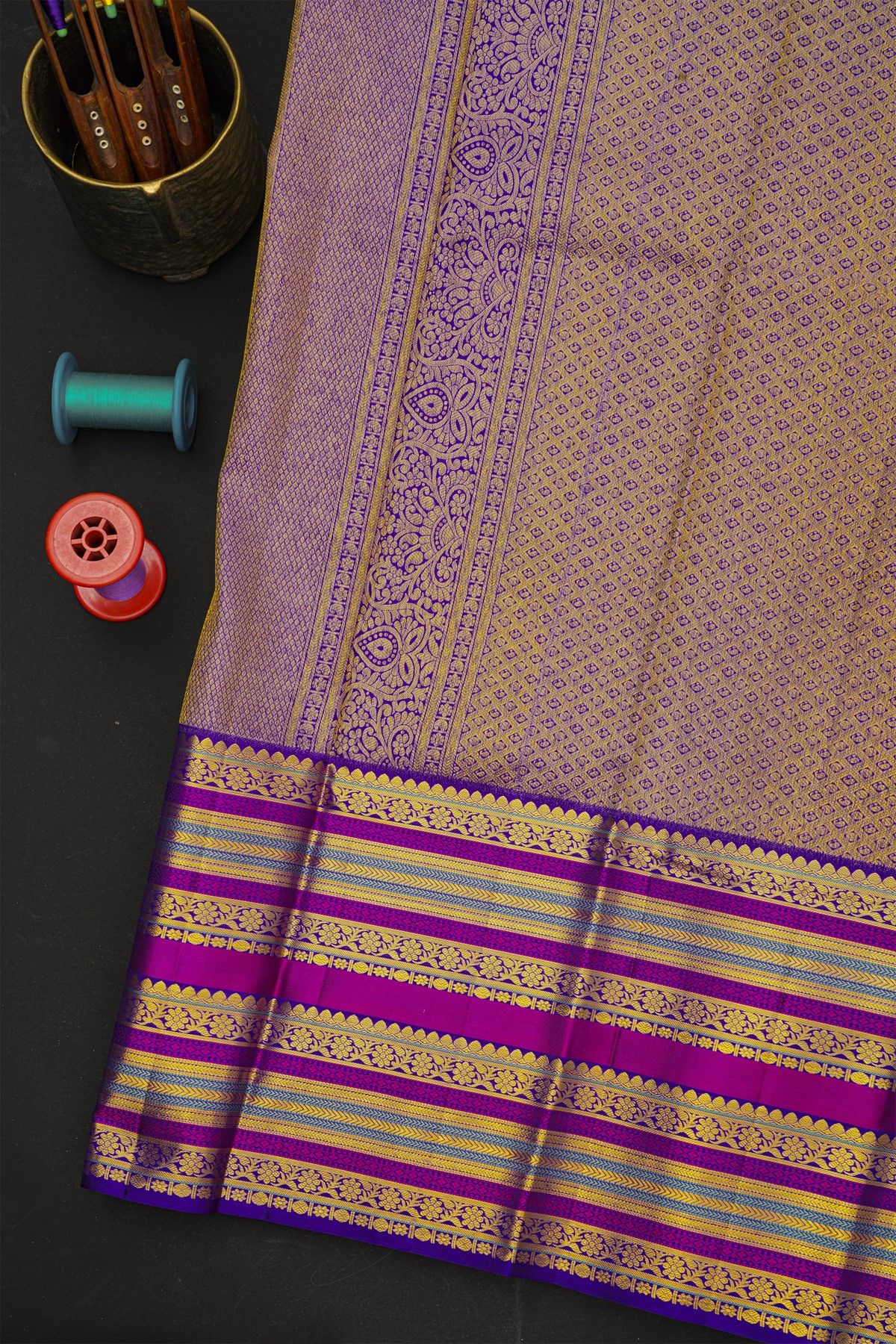 Kancheepuram Silk Sea Green Saree With Peacocks And Elephants Checks Body And Zari Thread Border