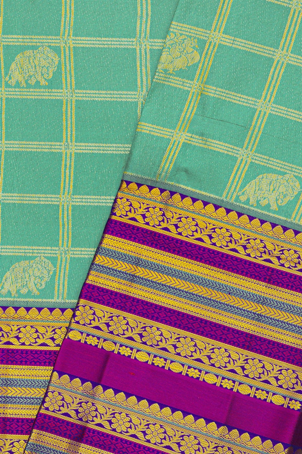 Kancheepuram Silk Sea Green Saree With Peacocks And Elephants Checks Body And Zari Thread Border