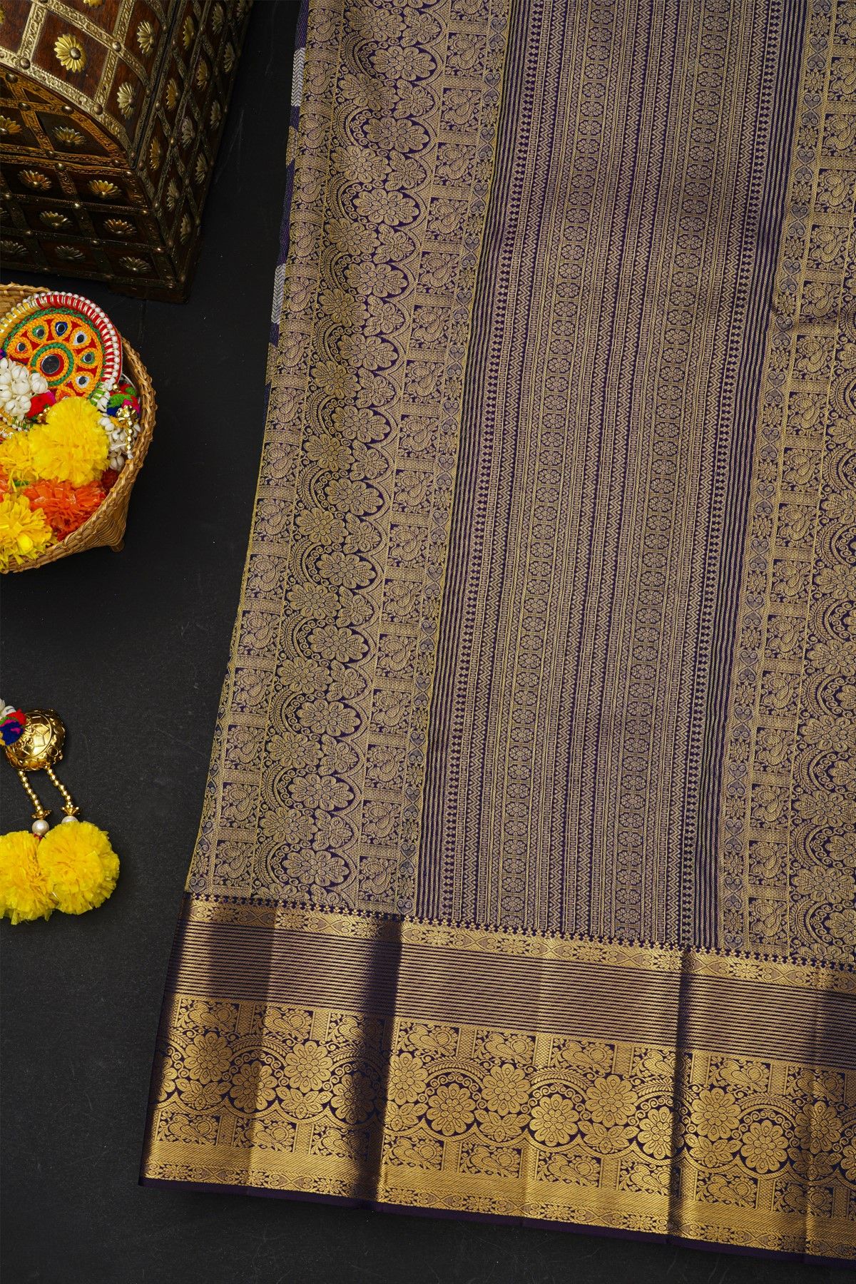 Kancheepuram Silk Navy Blue Saree With Florals And Leaves Jaal Border