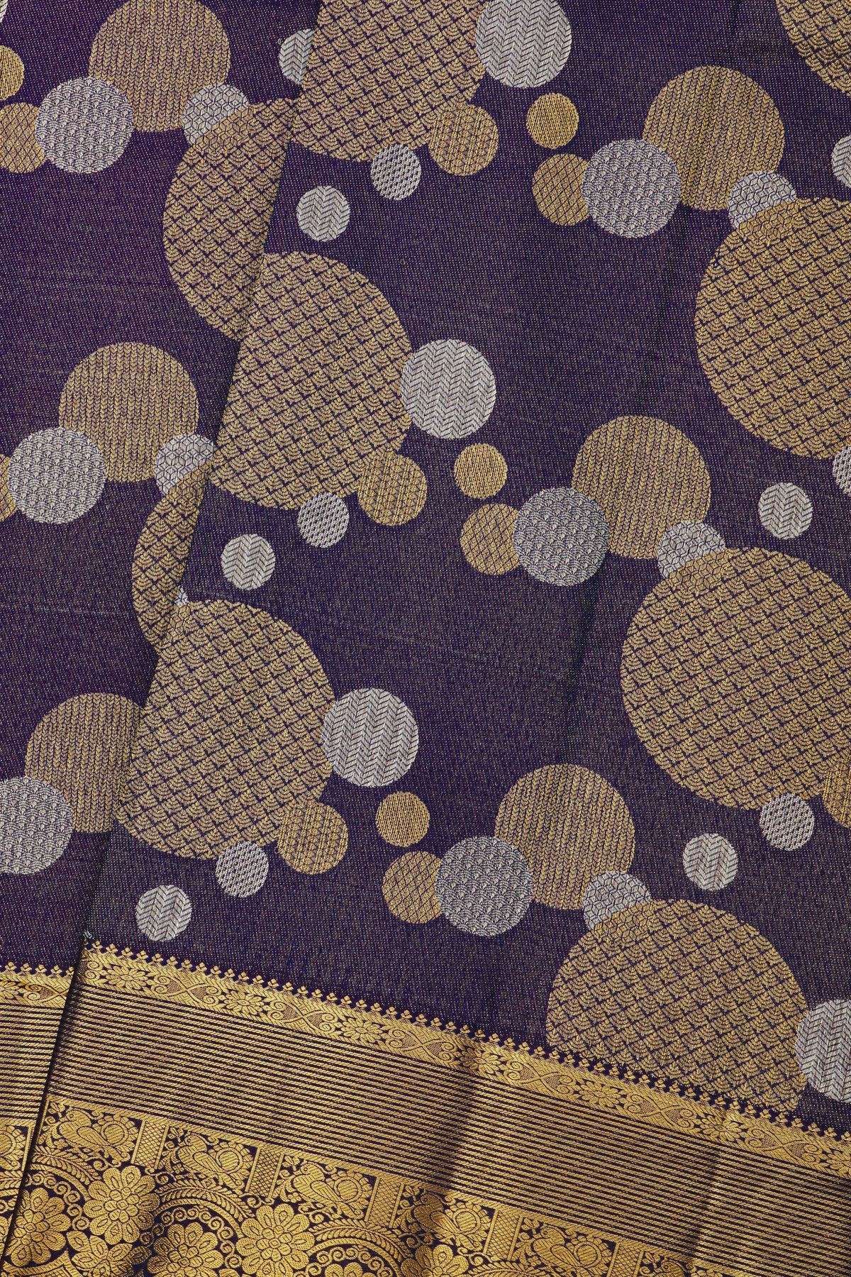 Kancheepuram Silk Navy Blue Saree With Florals And Leaves Jaal Border