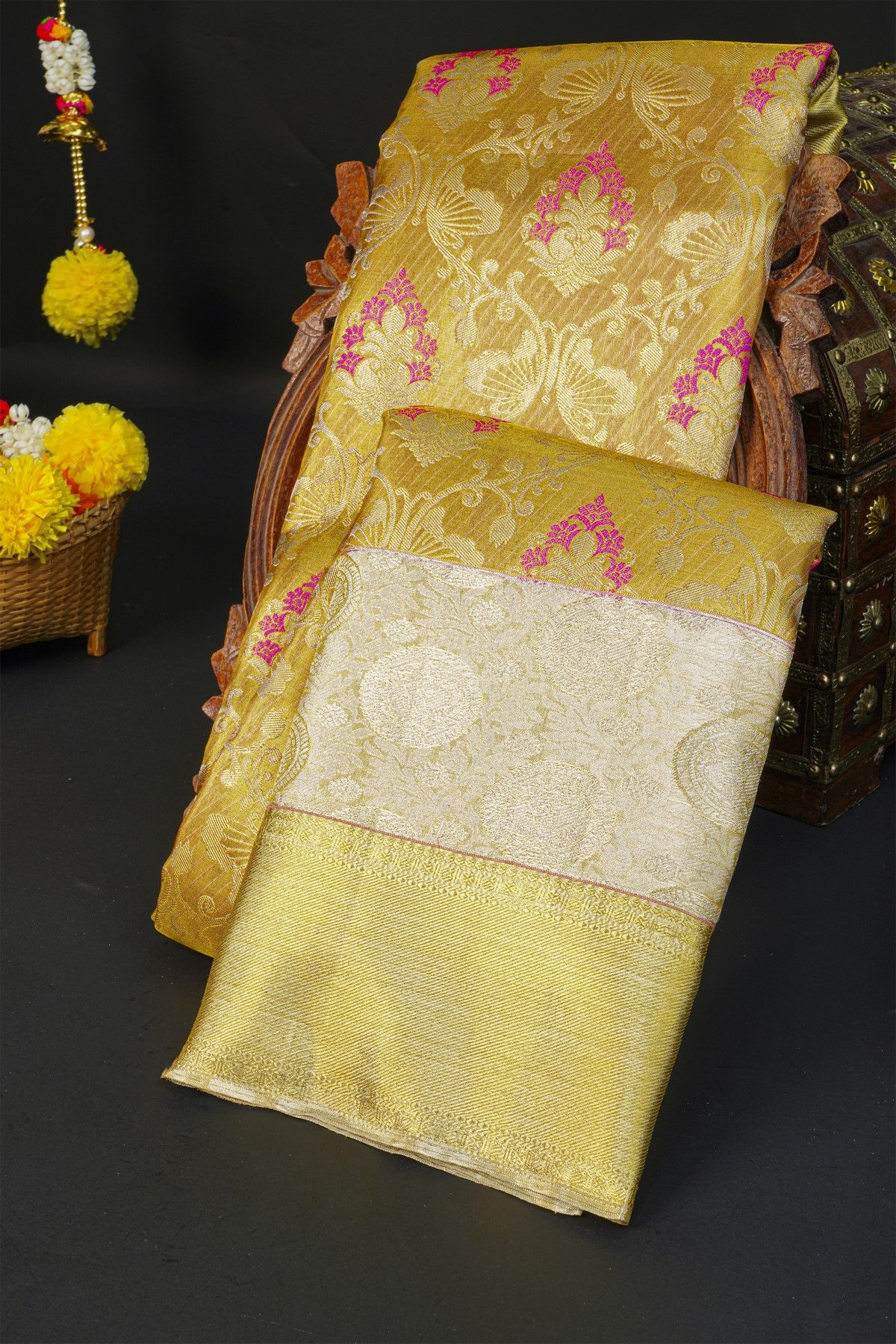 Kancheepuram Silk Gold Saree With Florals And Leaves In Meenakari Body