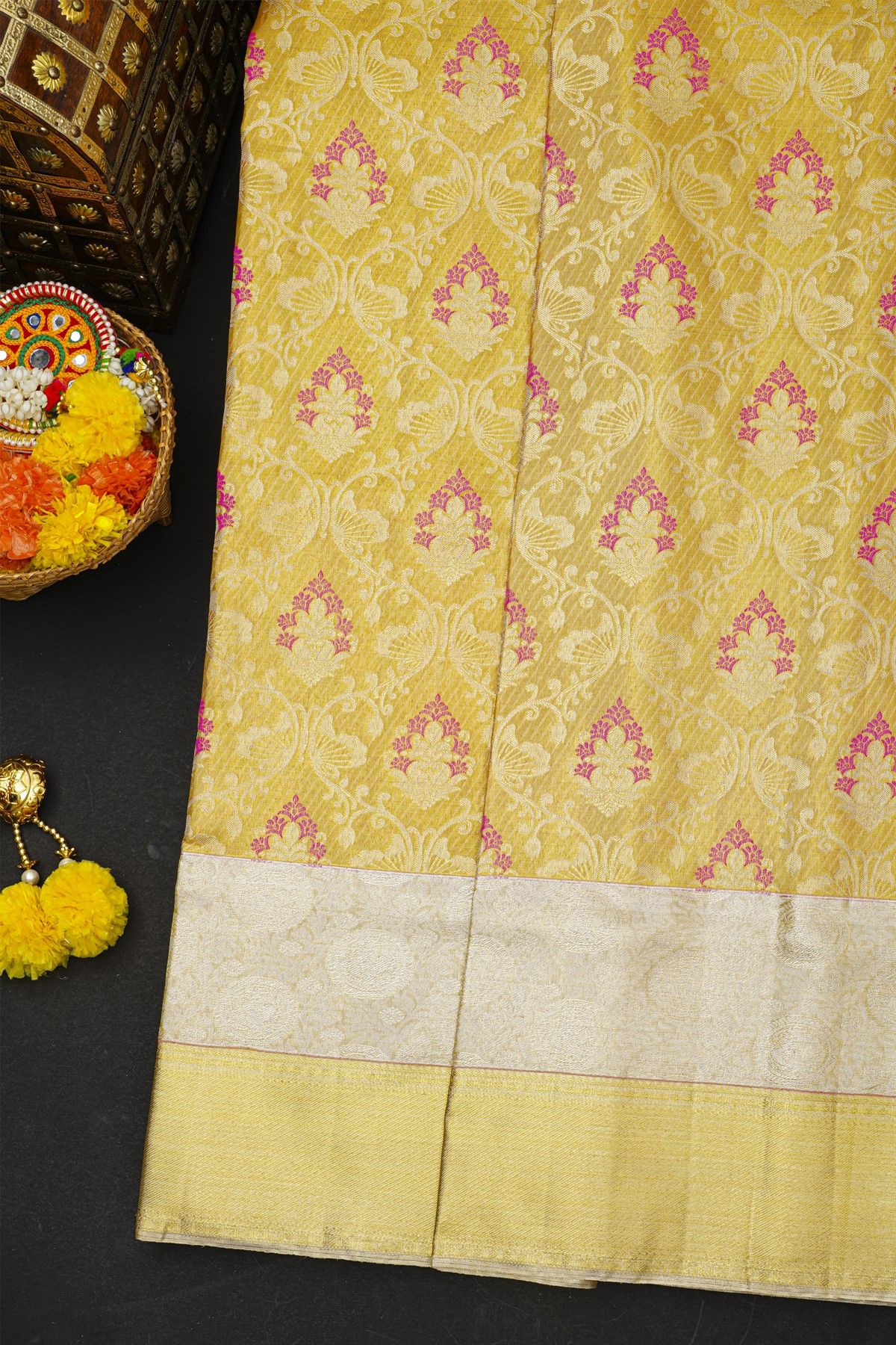 Kancheepuram Silk Gold Saree With Florals And Leaves In Meenakari Body