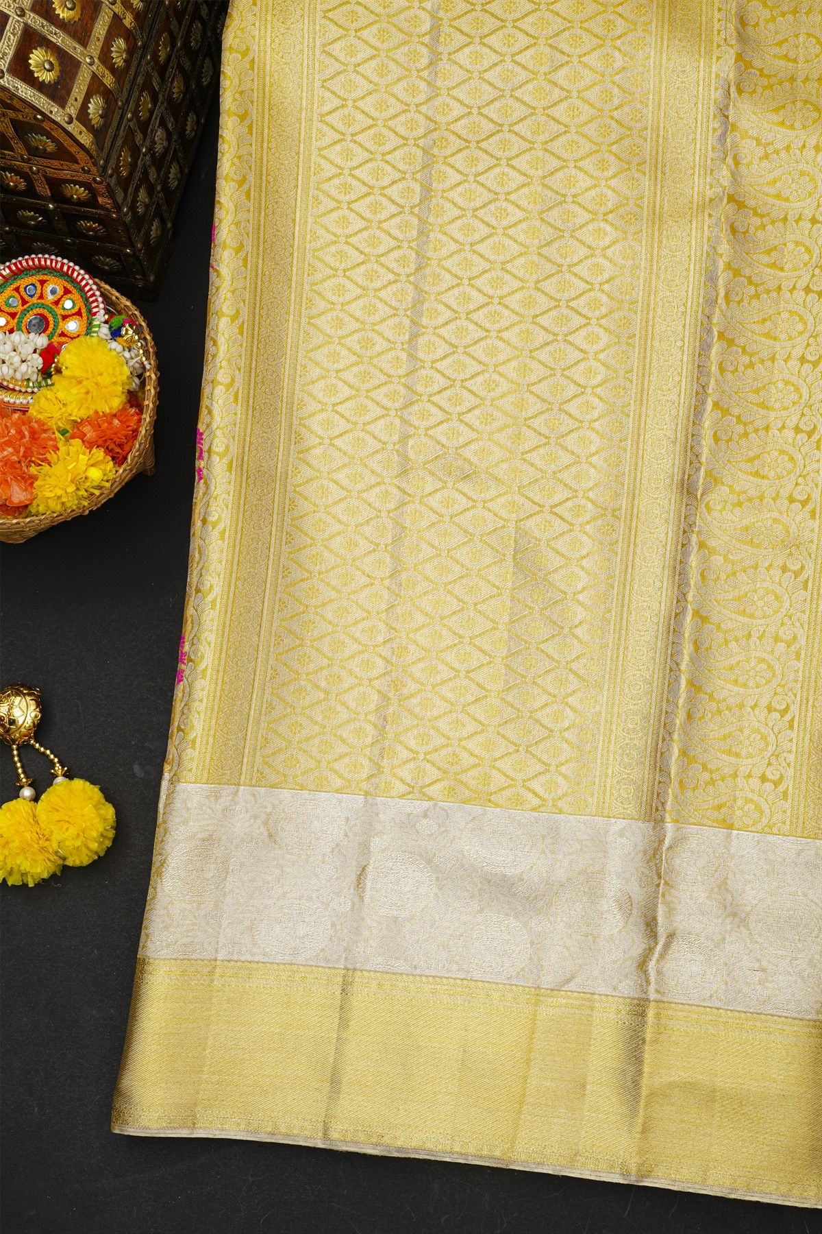 Kancheepuram Silk Gold Saree With Florals And Leaves In Meenakari Body