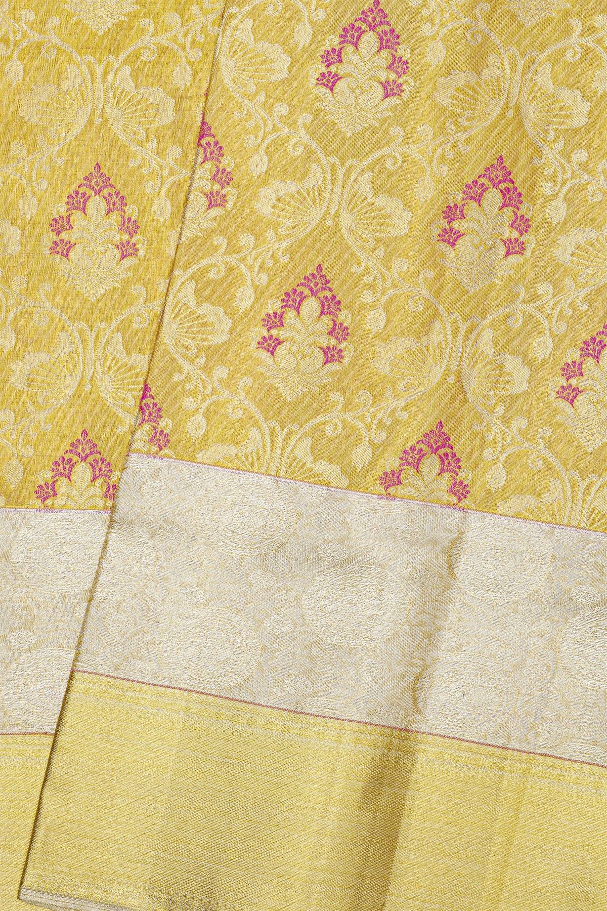 Kancheepuram Silk Gold Saree With Florals And Leaves In Meenakari Body