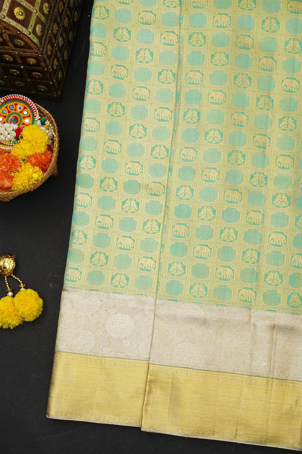 Kancheepuram Silk Aqua Green Saree With Peacocks And Elephants In Checks Body