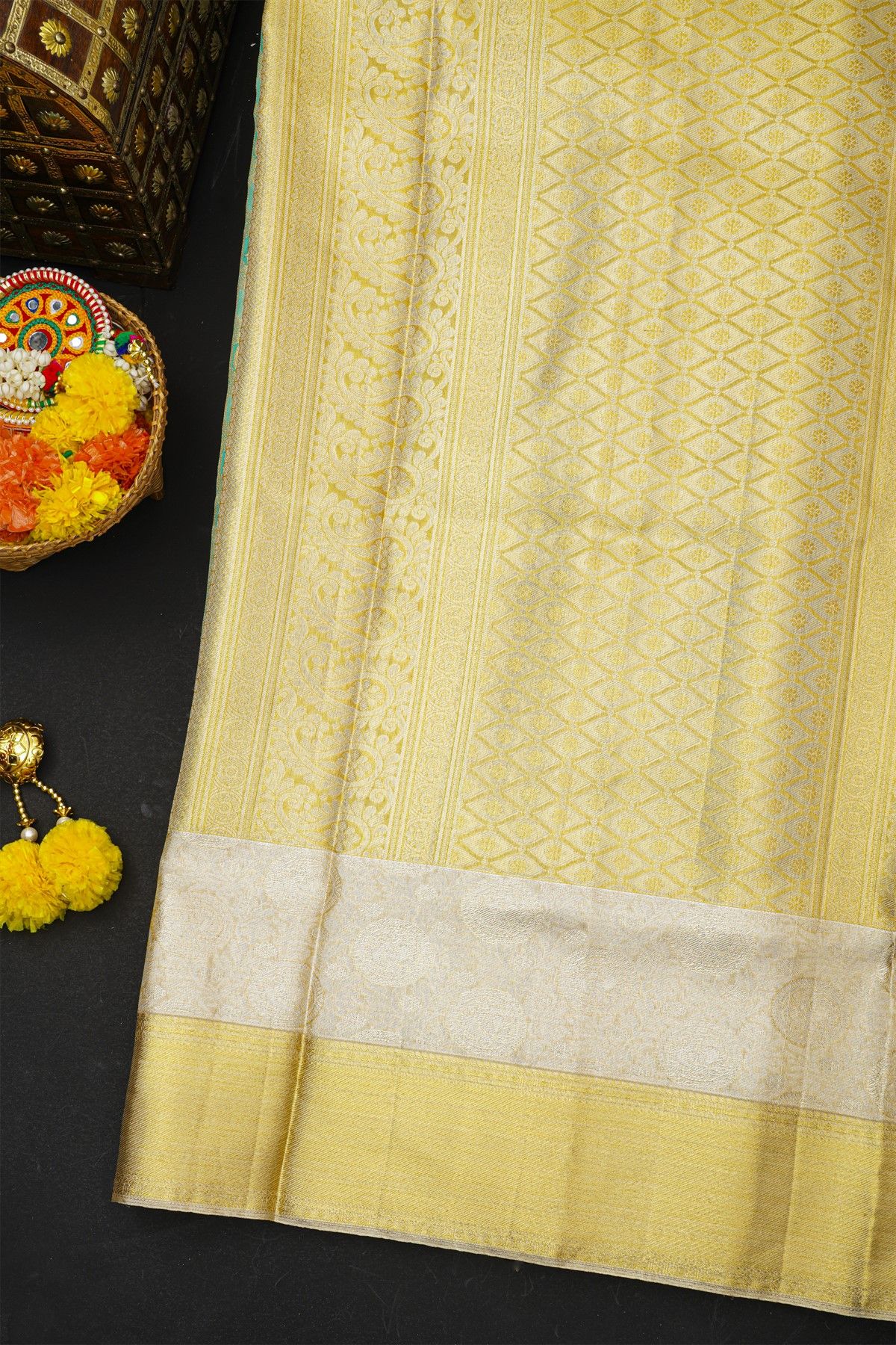 Kancheepuram Silk Aqua Green Saree With Peacocks And Elephants In Checks Body