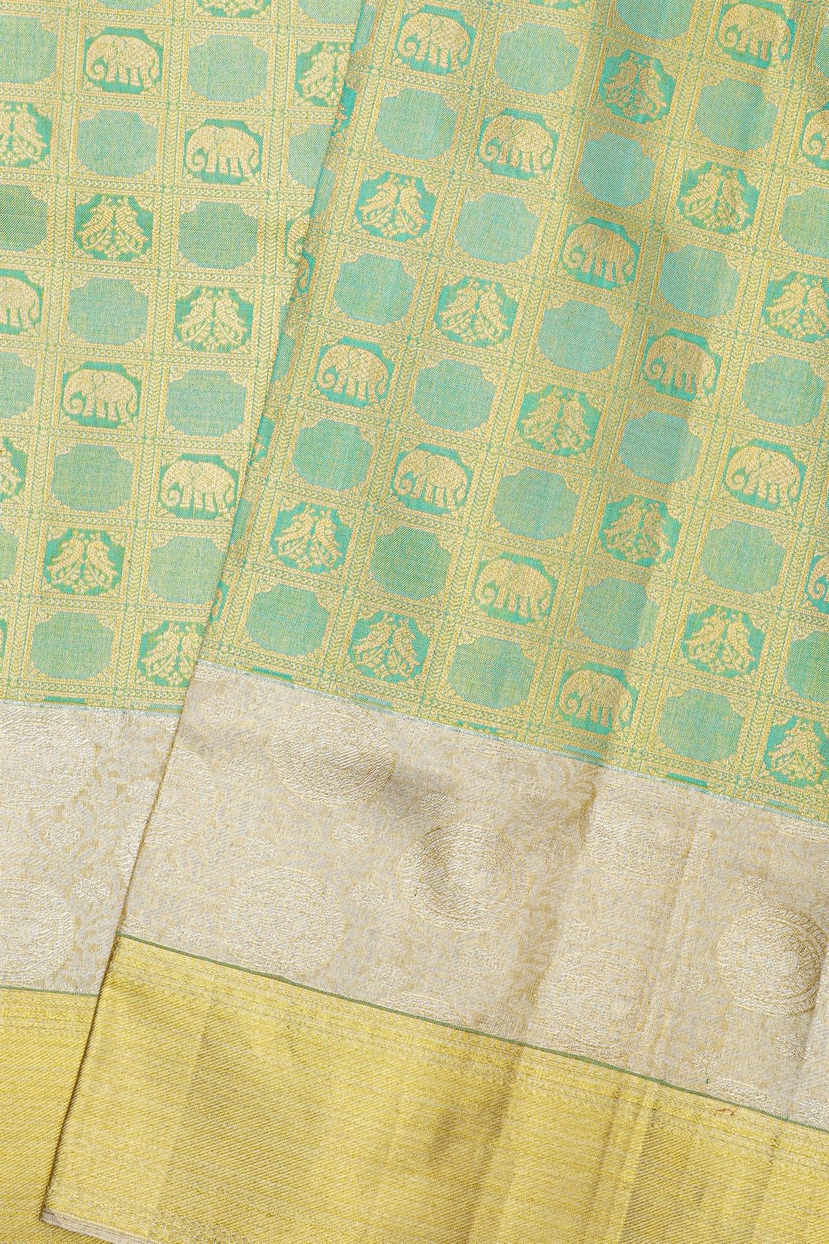 Kancheepuram Silk Aqua Green Saree With Peacocks And Elephants In Checks Body