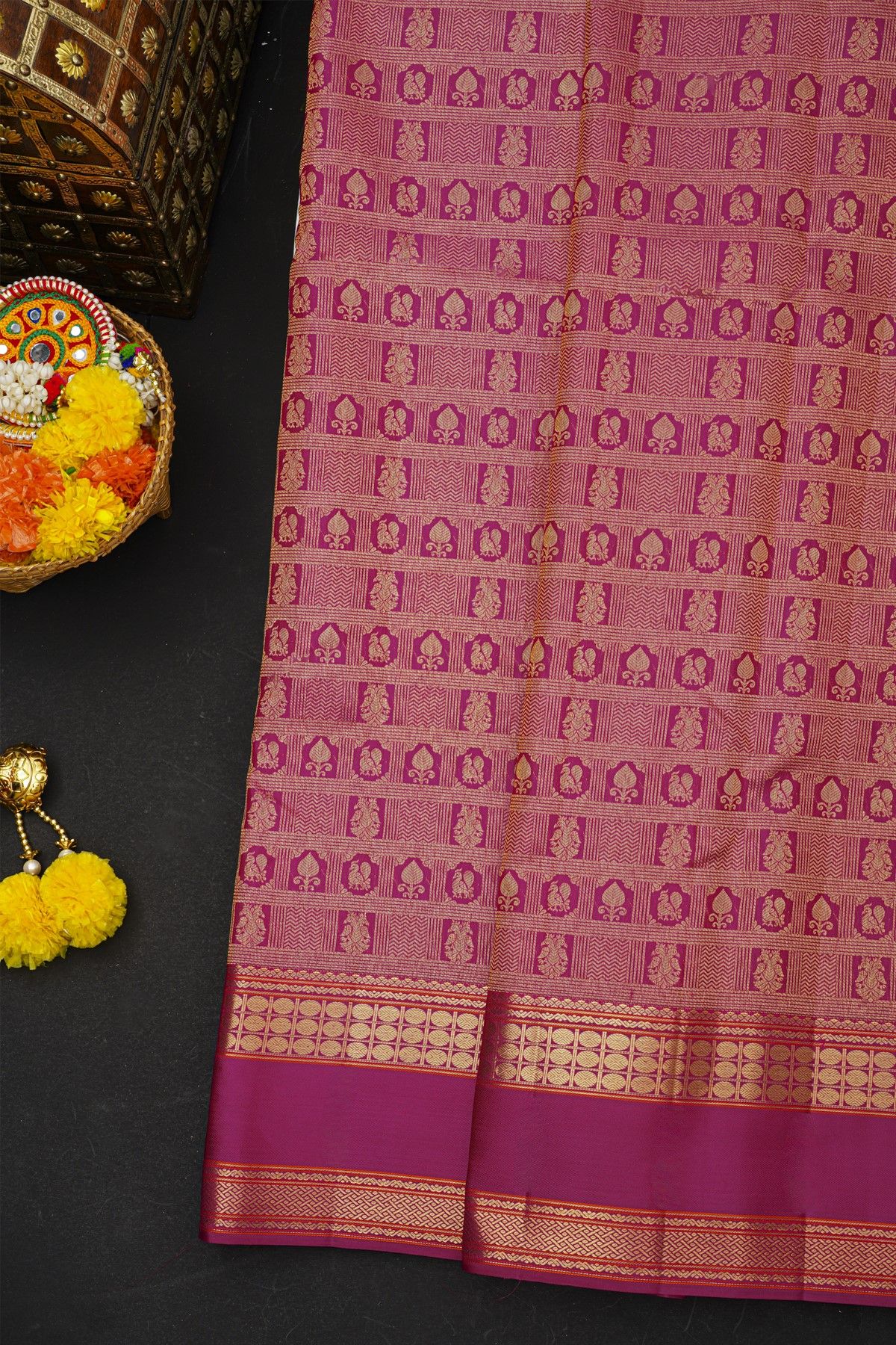 Kancheepuram Silk Purple Saree With Florals And Birds In Checks Body