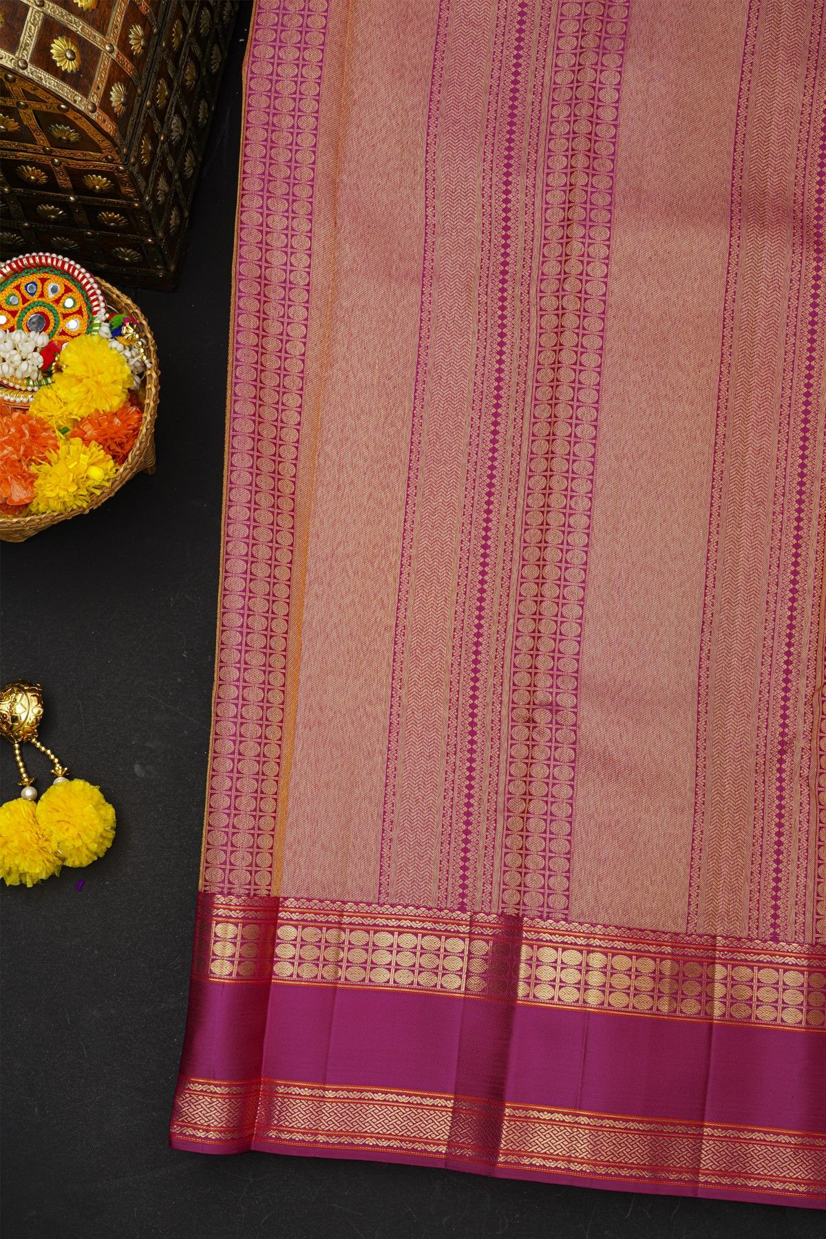 Kancheepuram Silk Purple Saree With Florals And Birds In Checks Body