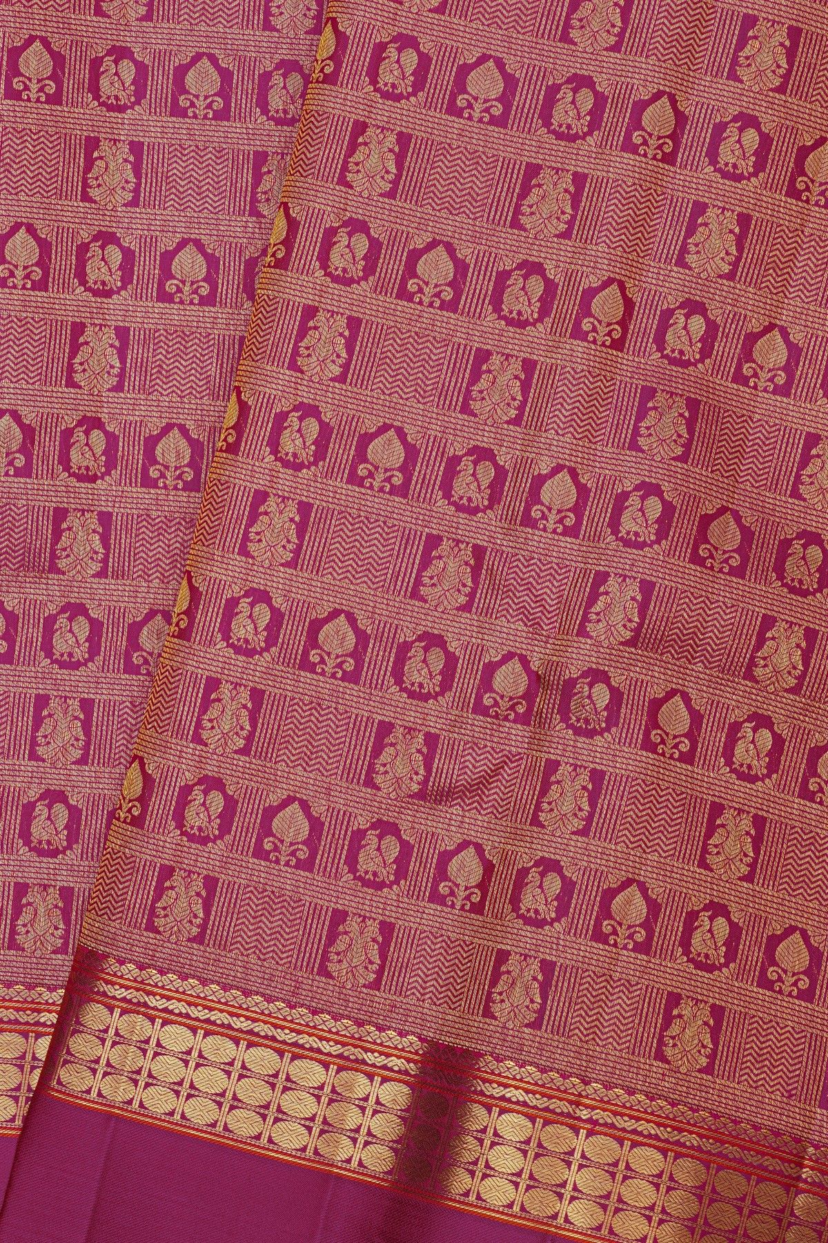 Kancheepuram Silk Purple Saree With Florals And Birds In Checks Body