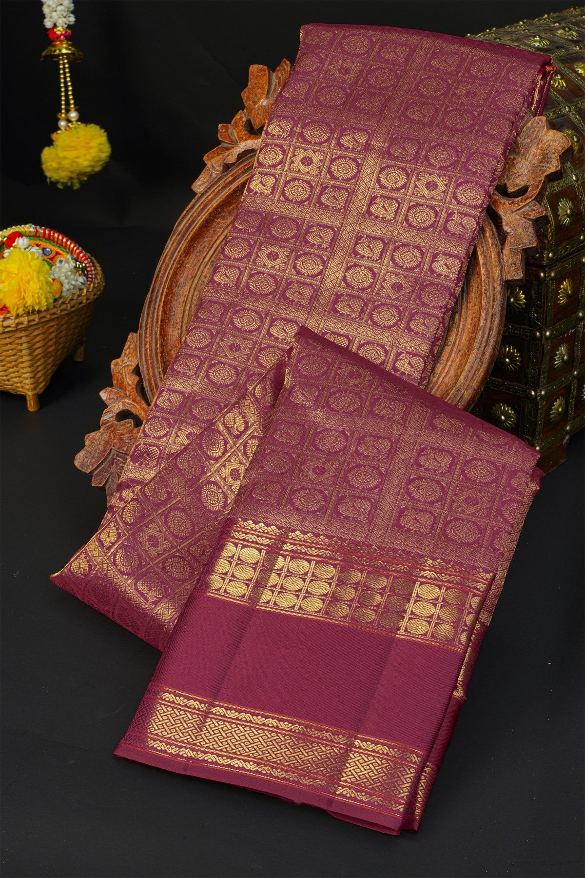 Kancheepuram Silk Purple Saree With Florals And Peacocks In Checks Body