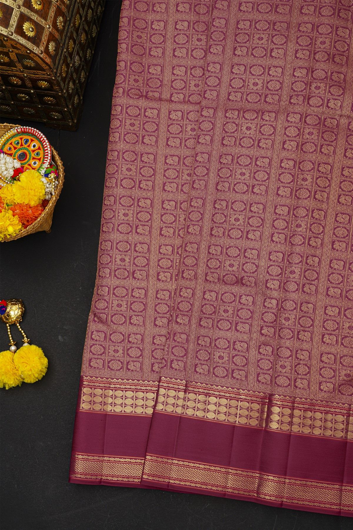 Kancheepuram Silk Purple Saree With Florals And Peacocks In Checks Body