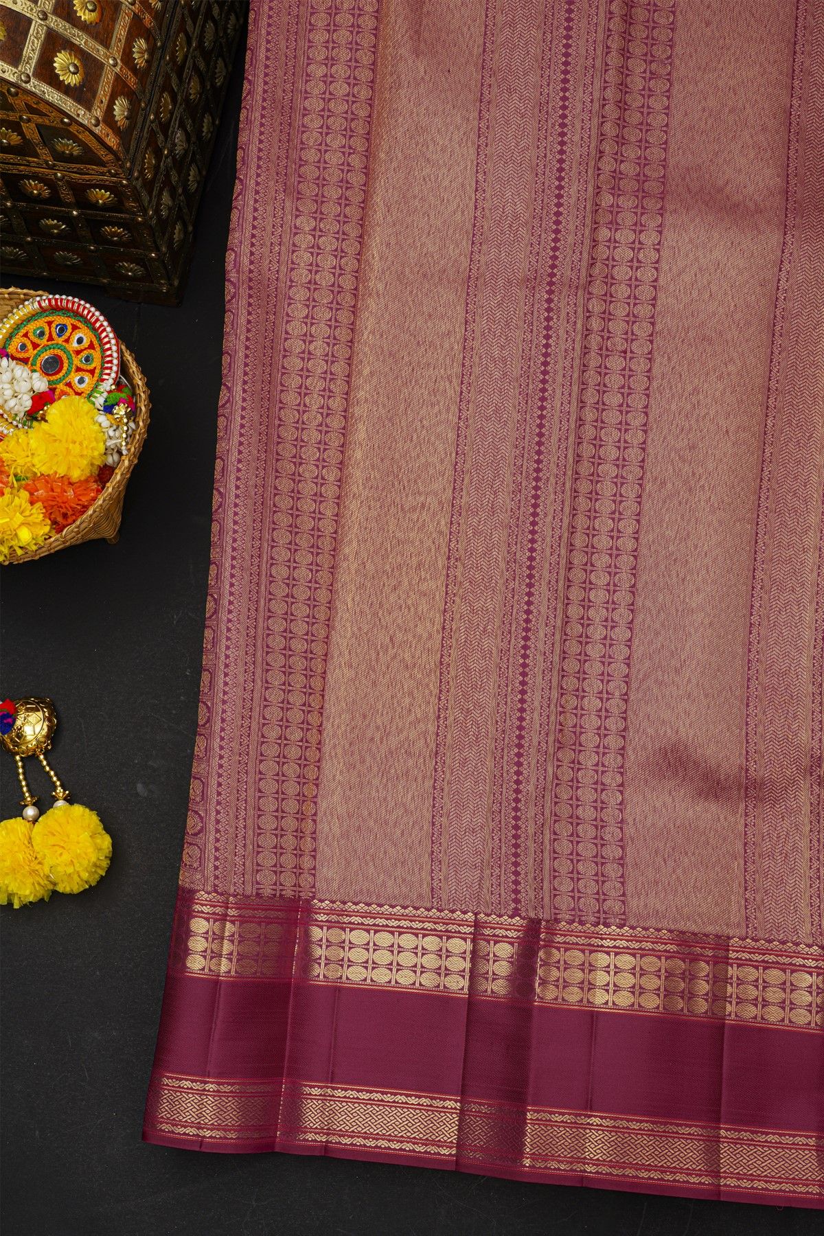 Kancheepuram Silk Purple Saree With Florals And Peacocks In Checks Body