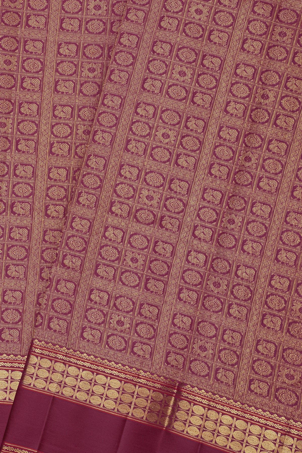 Kancheepuram Silk Purple Saree With Florals And Peacocks In Checks Body