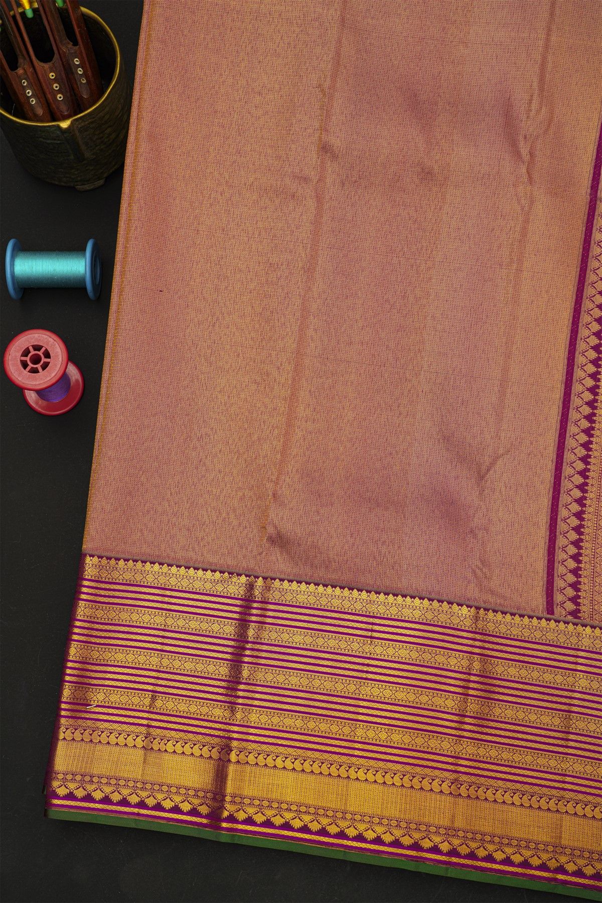 Kancheepuram Silk Pink Saree With Florals And Diamonds In Lines Border
