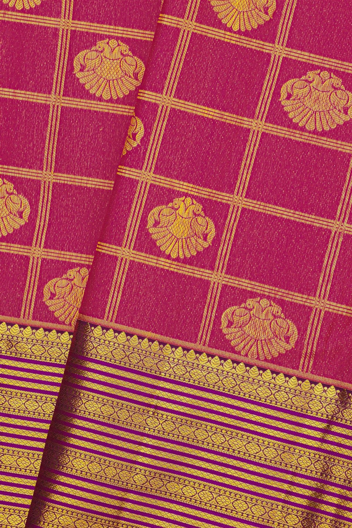 Kancheepuram Silk Pink Saree With Florals And Diamonds In Lines Border