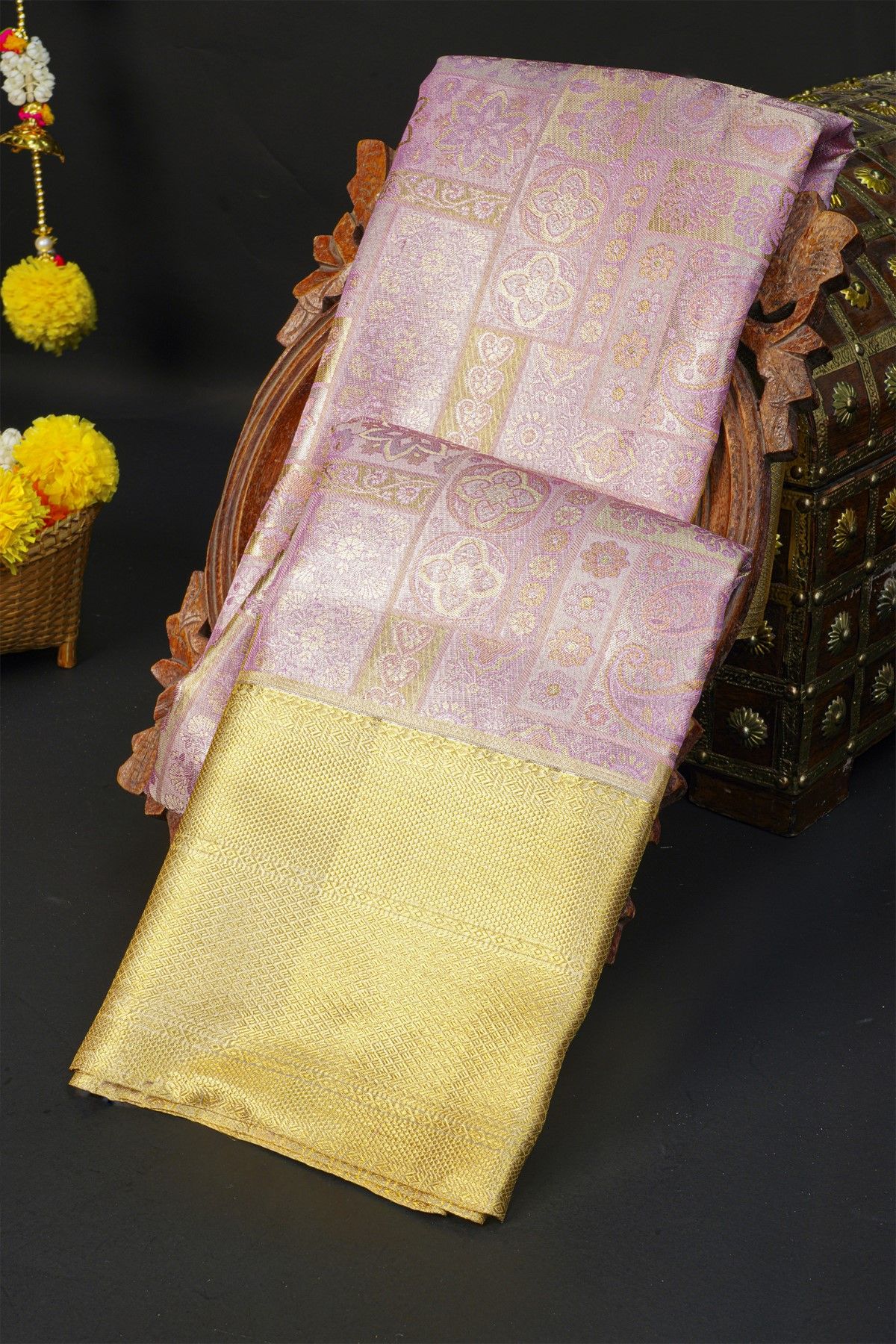 Kancheepuram Silk Lavender Saree With Florals In Meenakari Body
