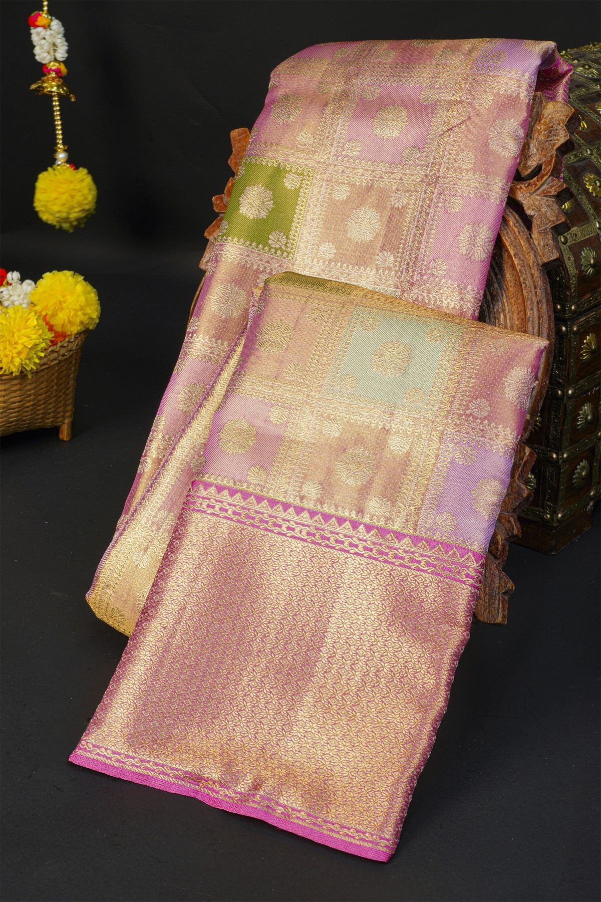 Kancheepuram Silk Multi Colour Saree With Diamonds And Floral Border