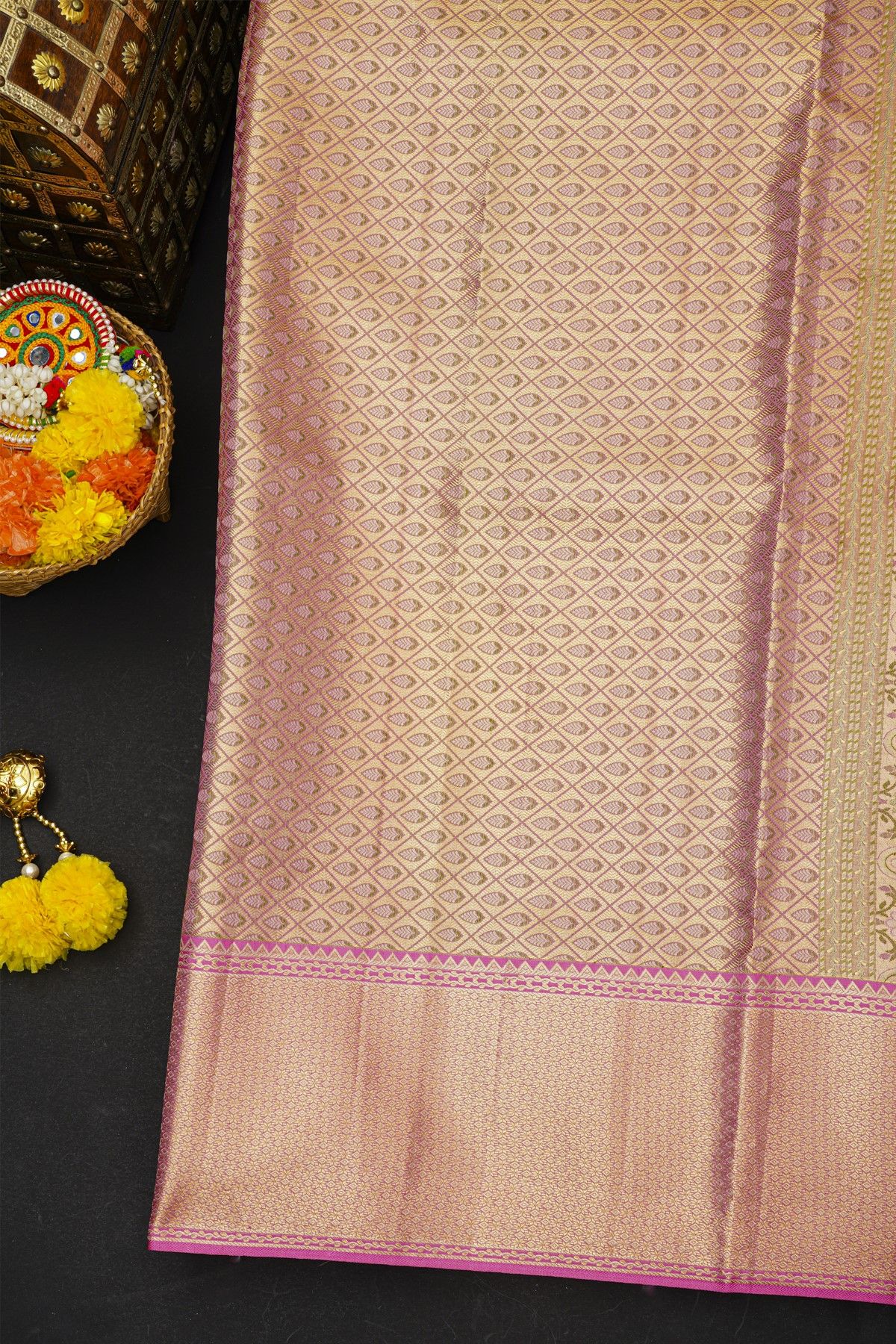 Kancheepuram Silk Multi Colour Saree With Diamonds And Floral Border