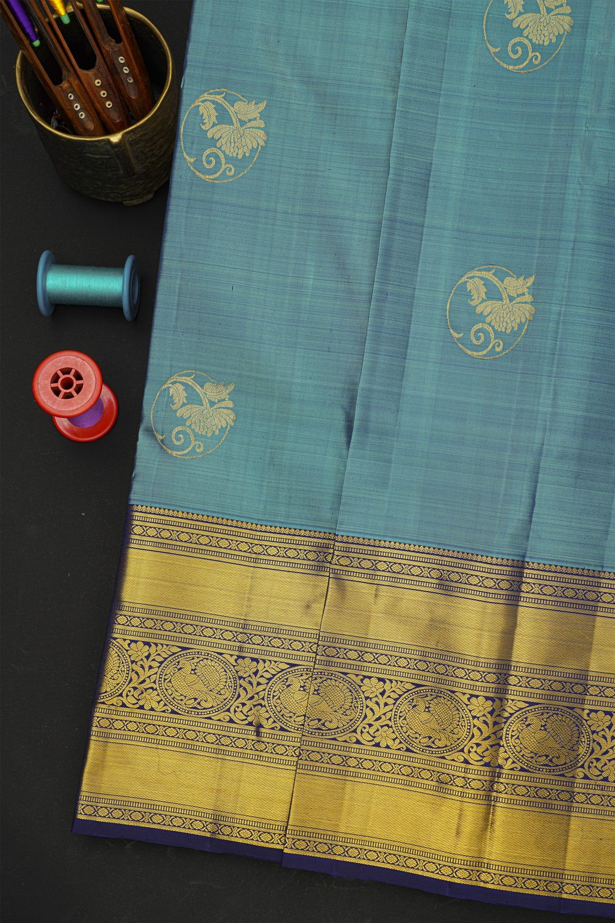 Kancheepuram Silk Blue Saree With Florals And Leaves In Zari Body