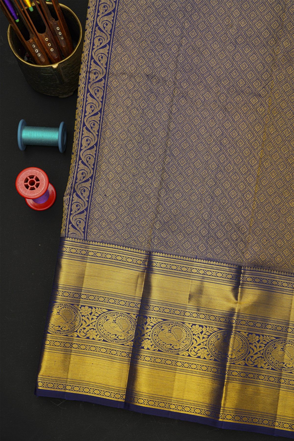 Kancheepuram Silk Blue Saree With Florals And Leaves In Zari Body