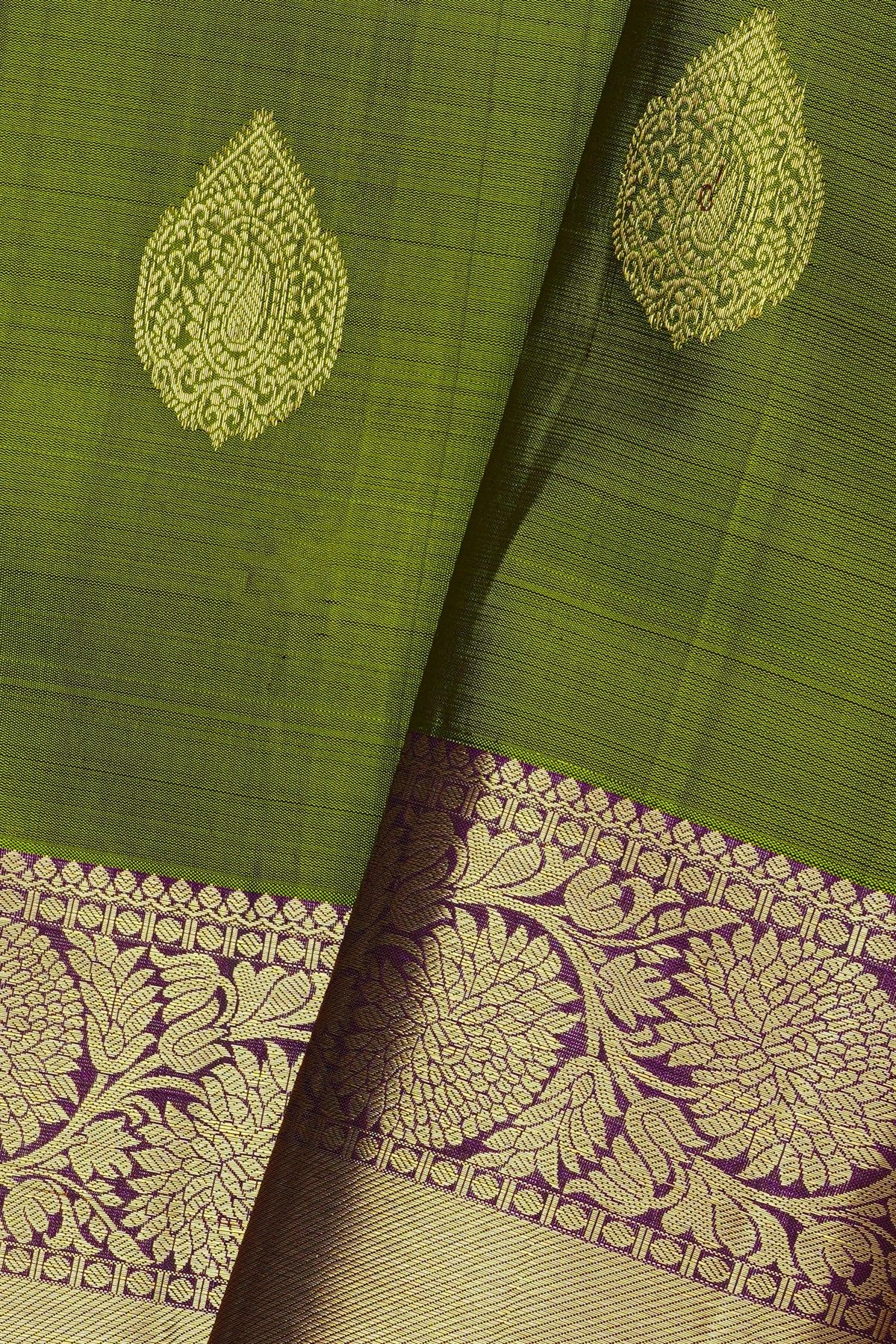 Kancheepuram Silk Mehendi Green Saree With Floral Paisley Buttis Body And Long Border