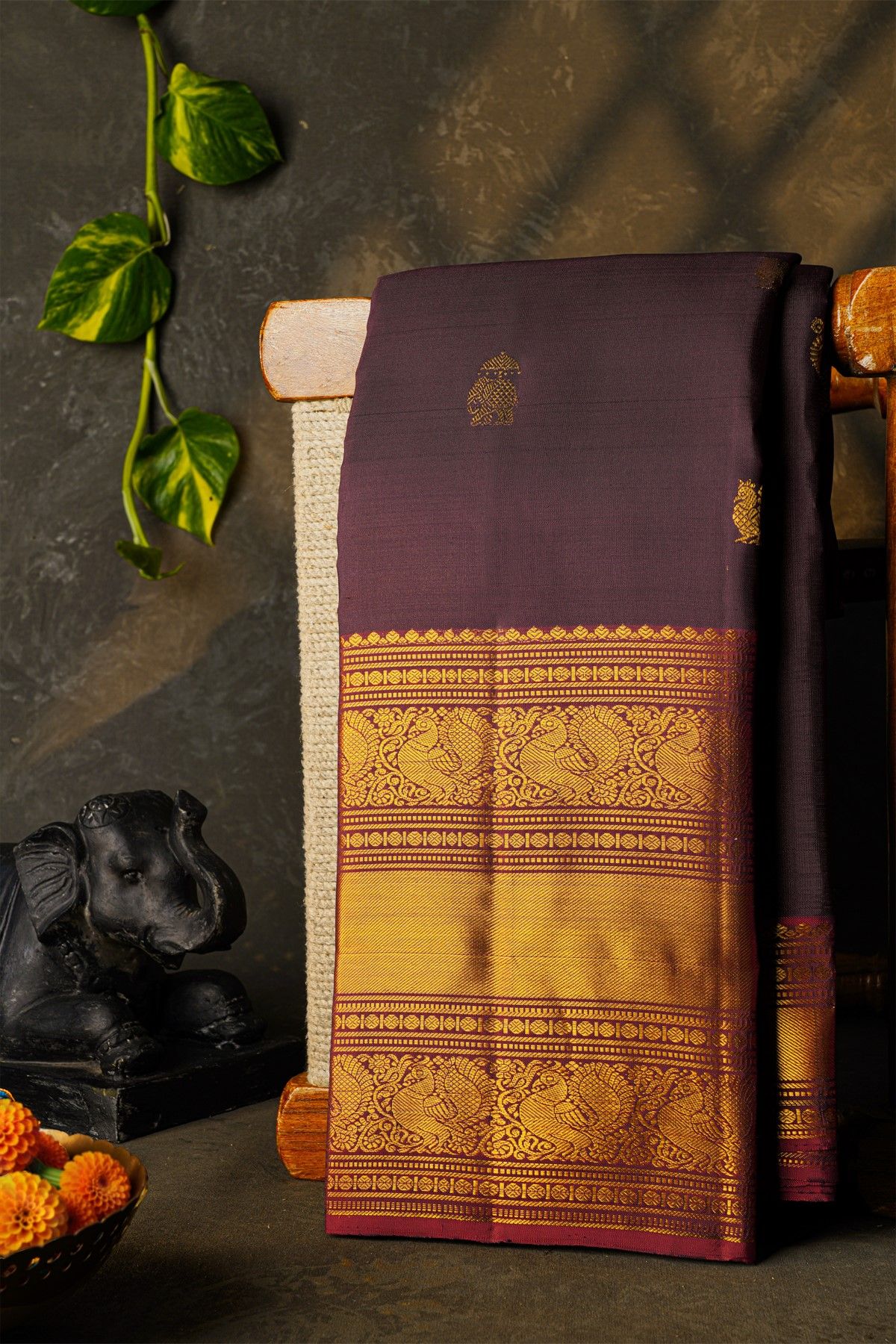 Kancheepuram Silk Wine Saree With Peacock Buttis Body