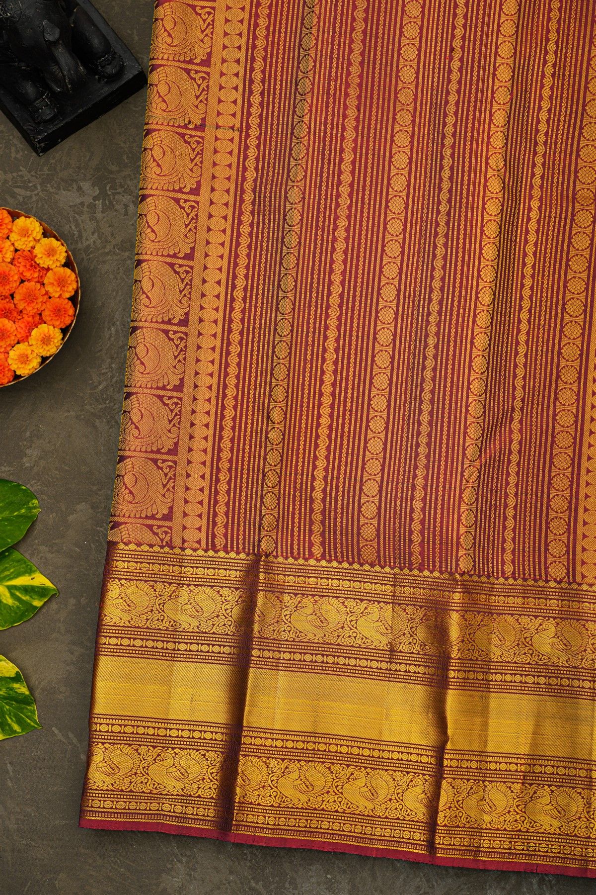 Kancheepuram Silk Wine Saree With Peacock Buttis Body