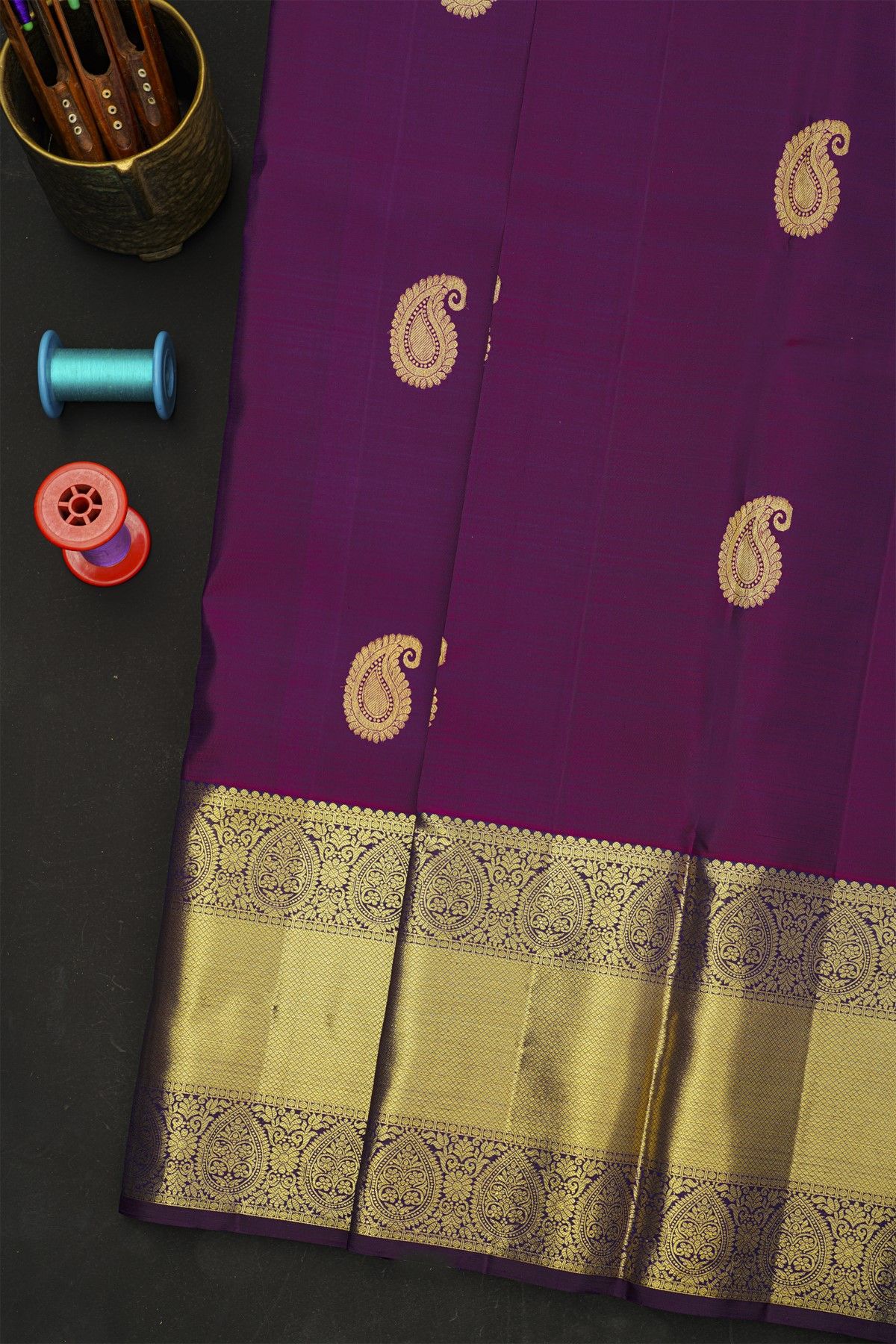Kancheepuram Silk Purple Saree With Florals And Paisleys In Zari Body