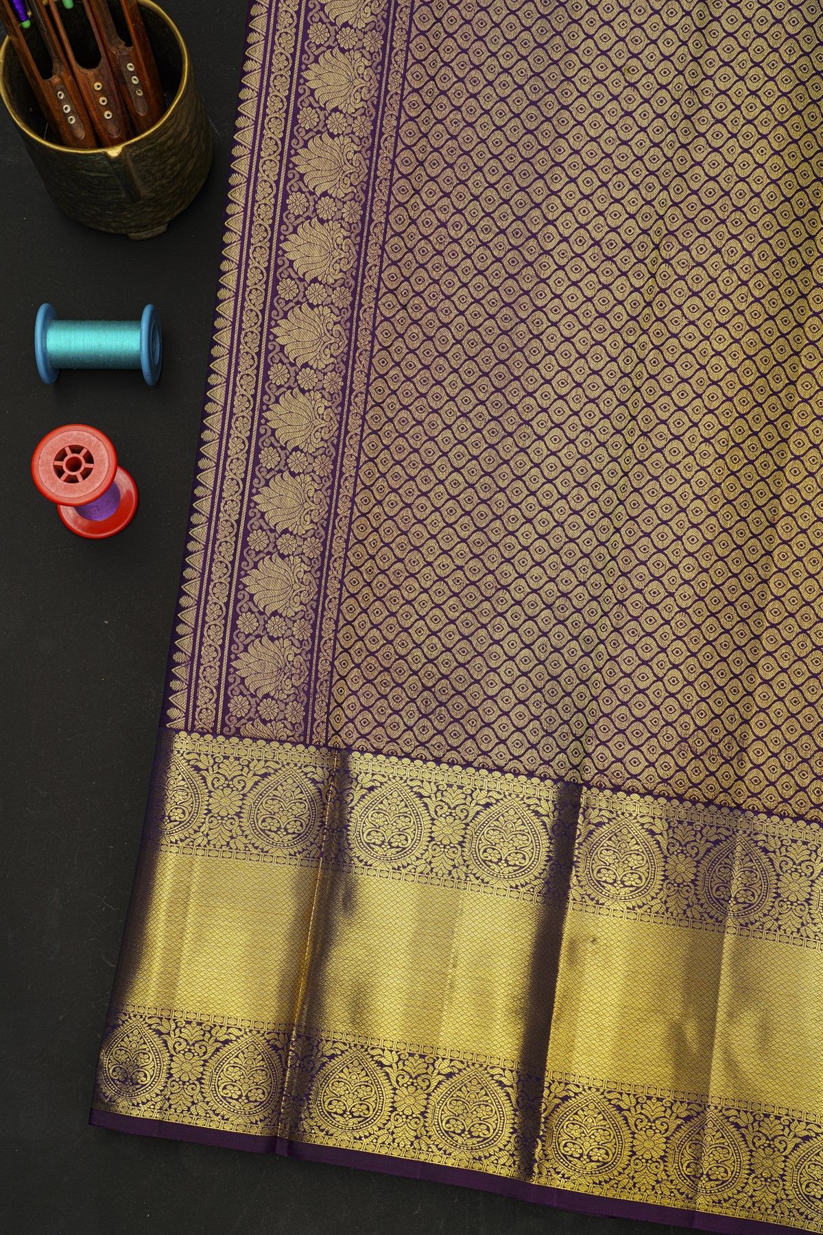 Kancheepuram Silk Purple Saree With Florals And Paisleys In Zari Body