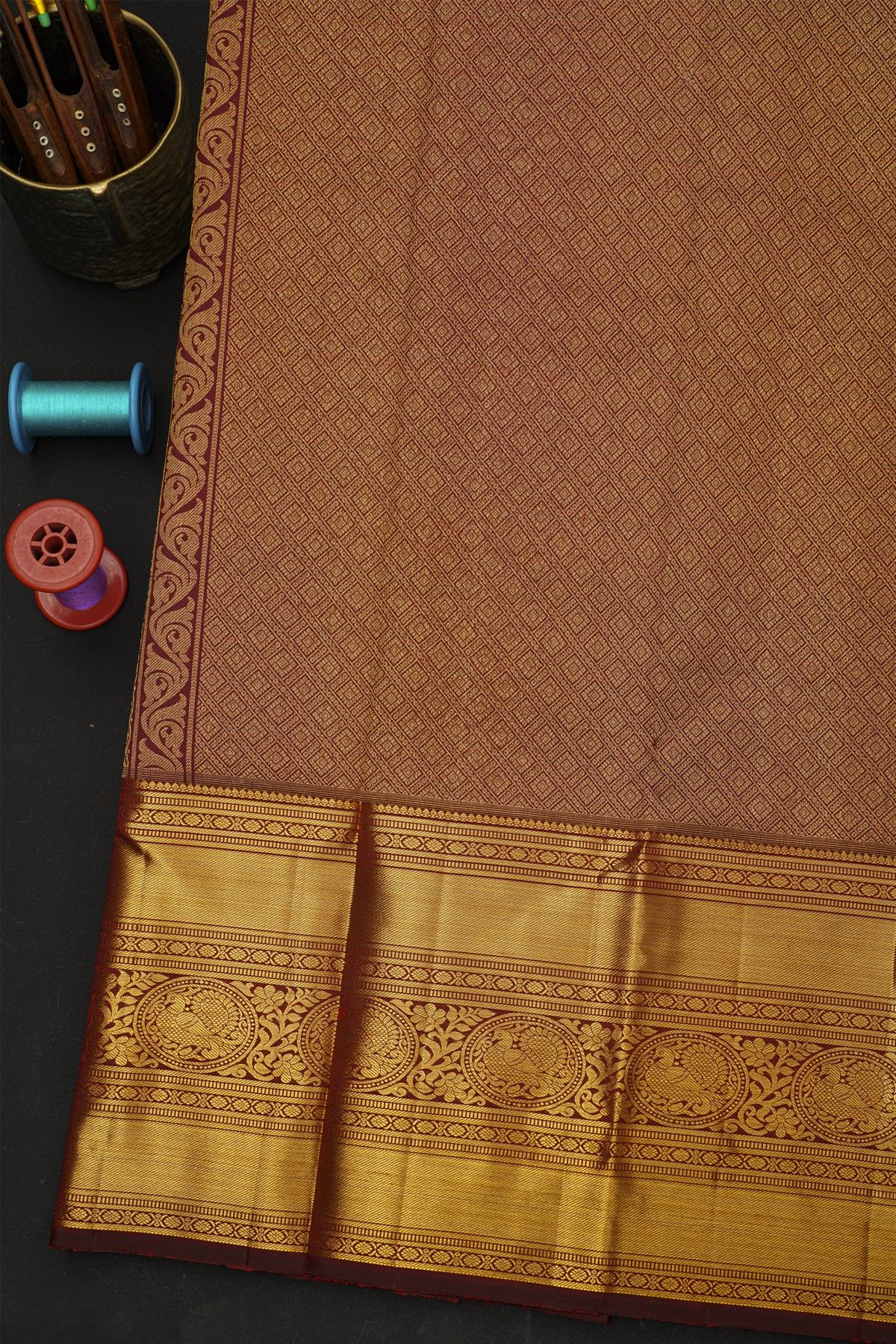 Kancheepuram Silk Red Saree With Florals And Leaves In Zari Body