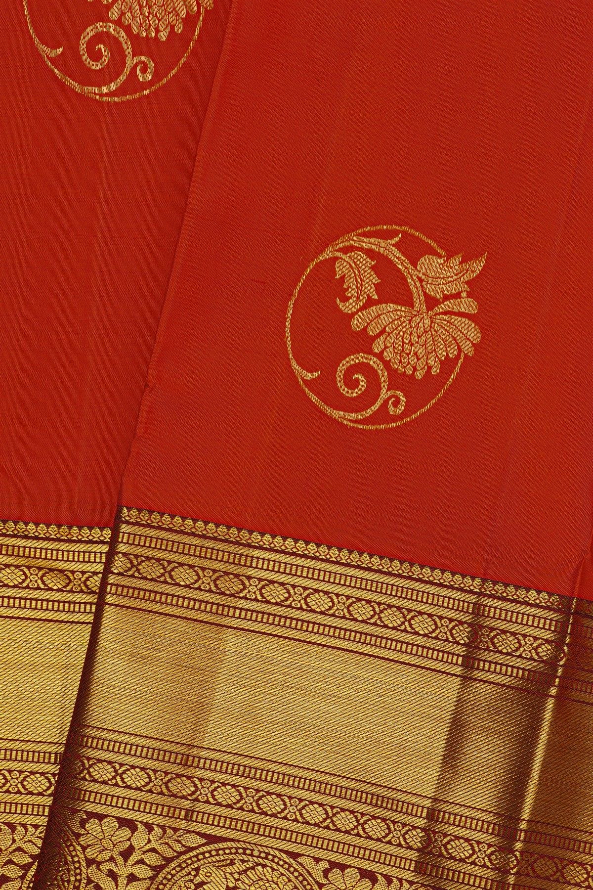 Kancheepuram Silk Red Saree With Florals And Leaves In Zari Body