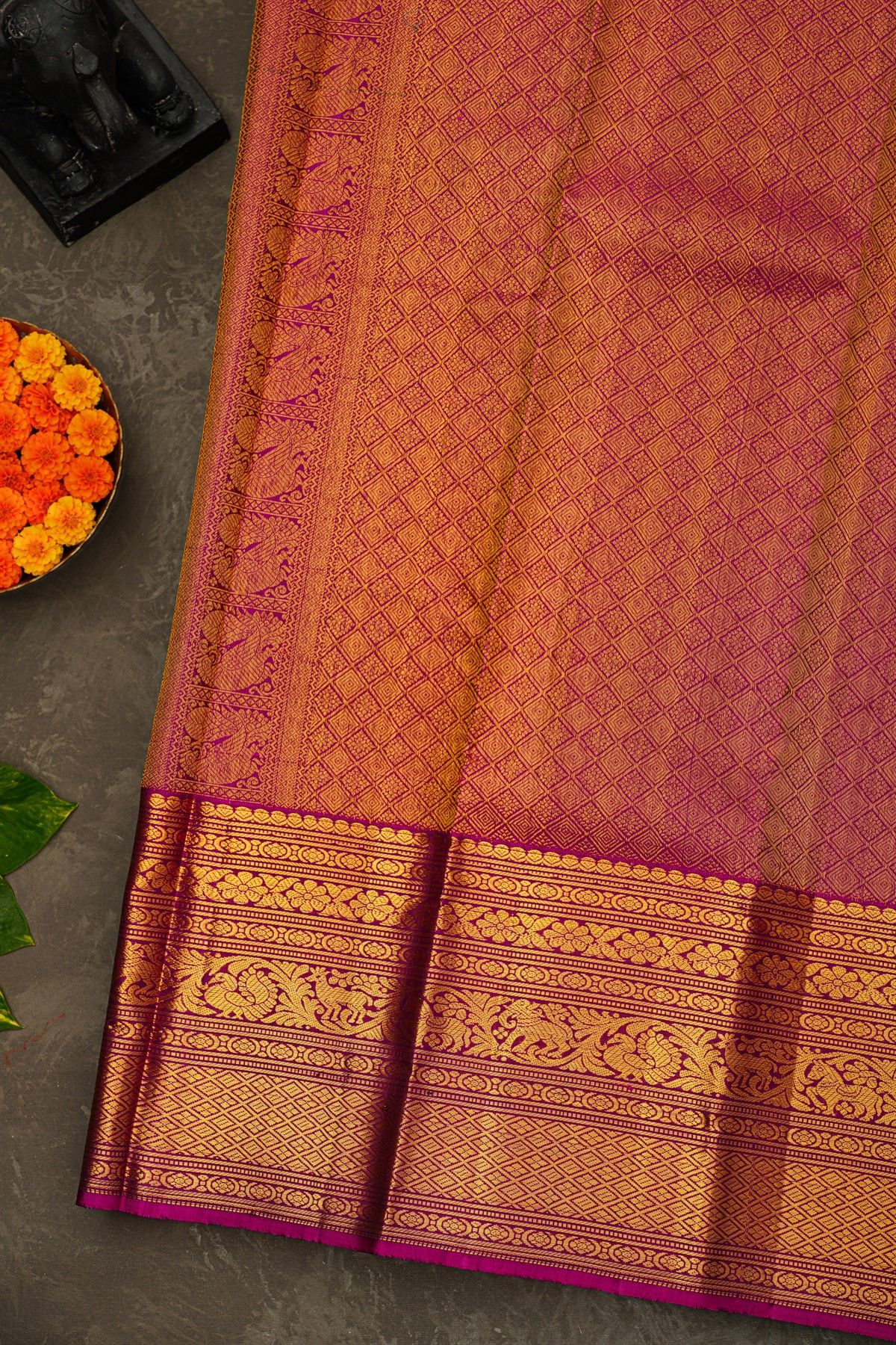 Kancheepuram Silk Bottle Green Saree With Florals And Buttis Body And Long Border