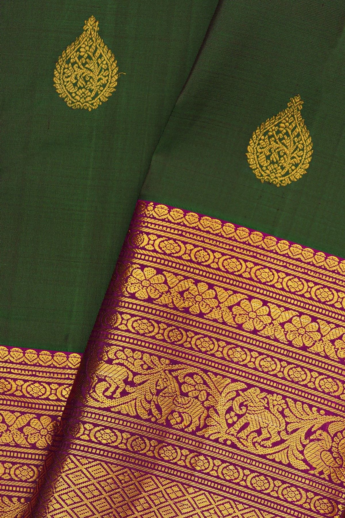 Kancheepuram Silk Bottle Green Saree With Florals And Buttis Body And Long Border