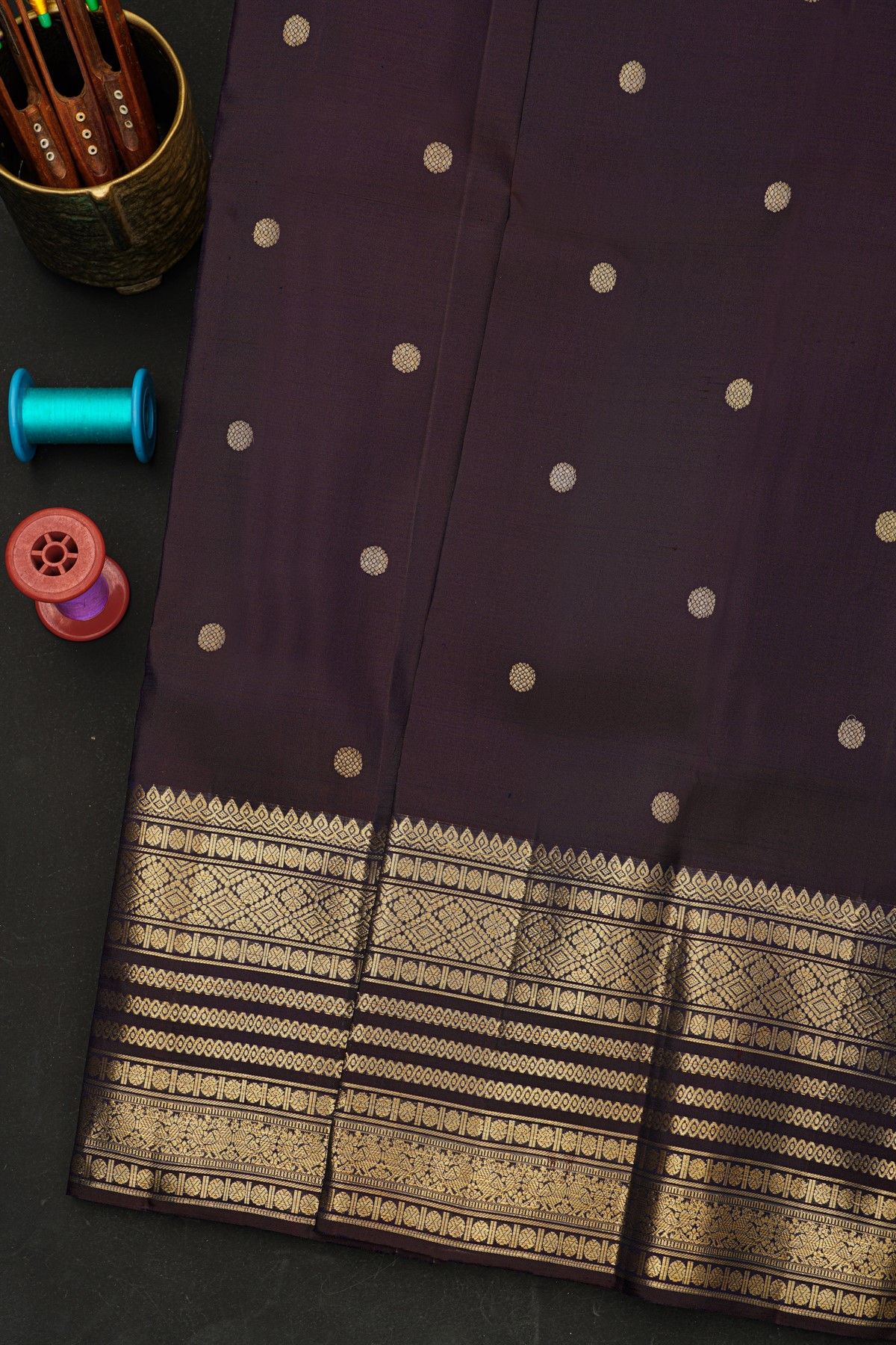 Kancheepuram Silk Navy Blue Saree With Florals And Leaves In Zari Body
