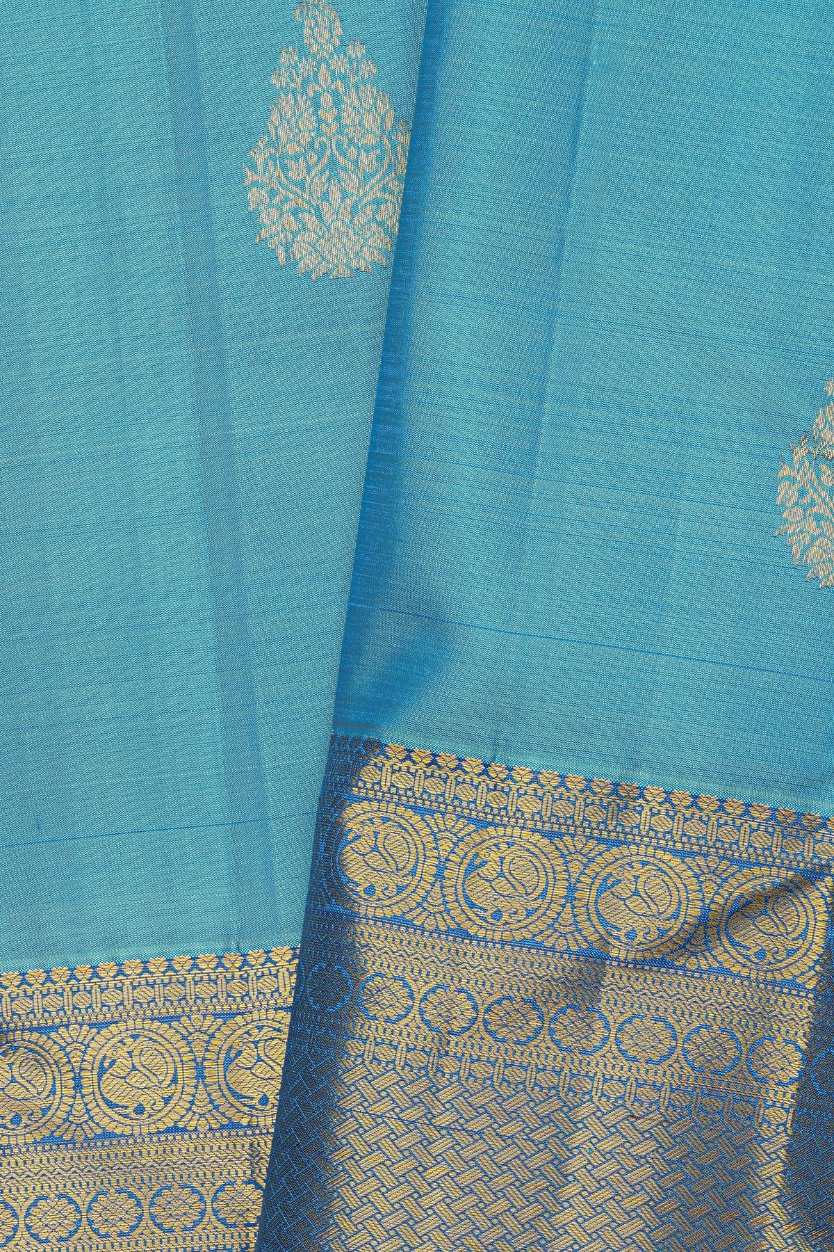 Kancheepuram Silk Sky Blue Saree With Florals And Leaves In Zari Body
