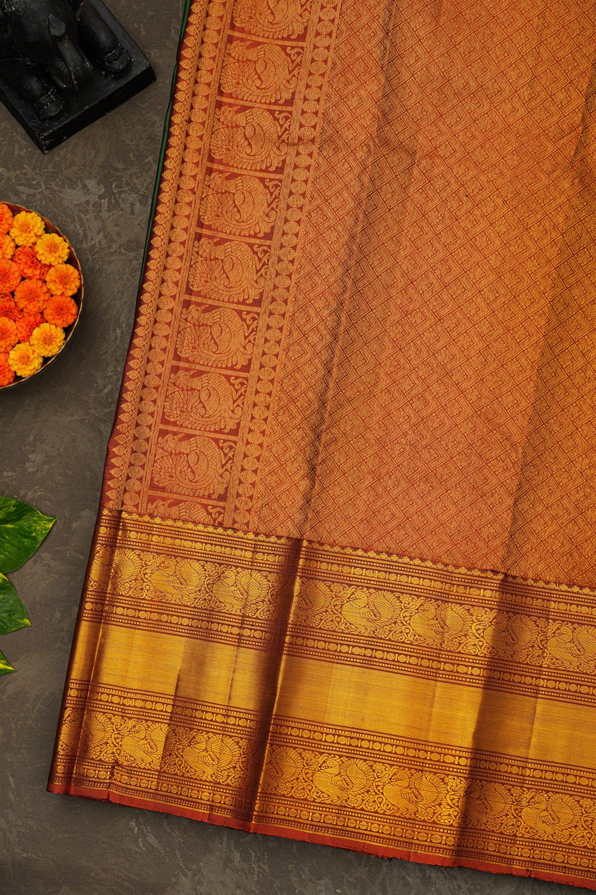 Kancheepuram Silk Bottle Green Saree With Traditional Long Border